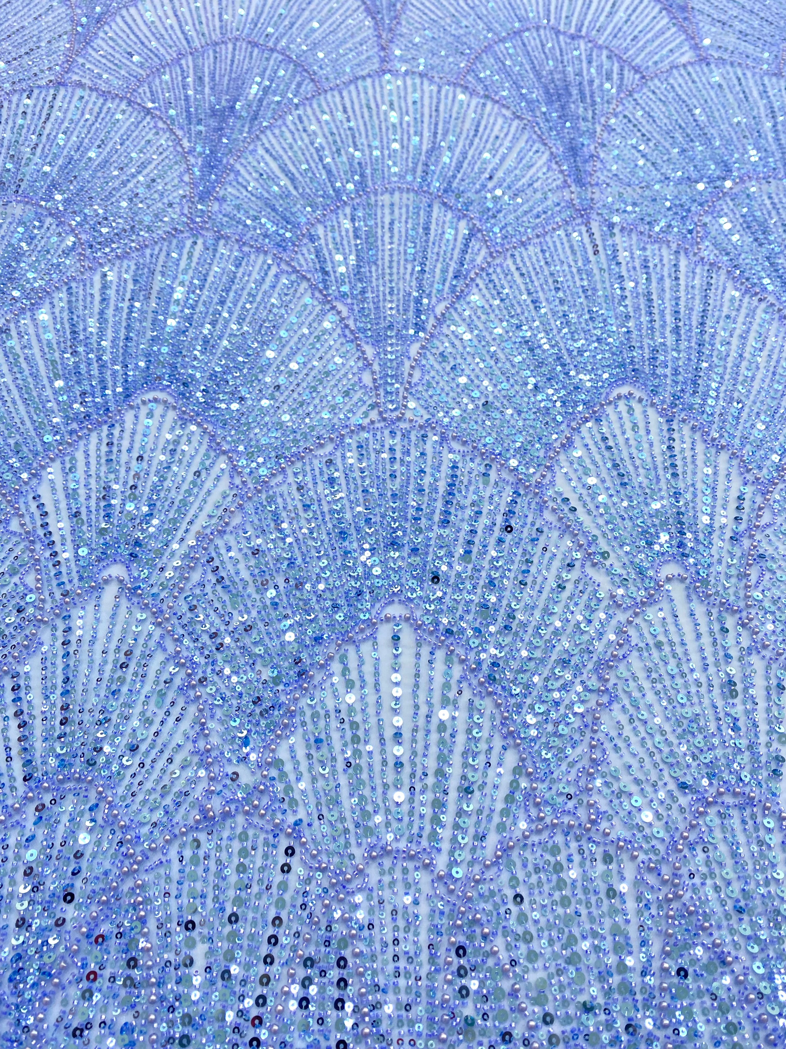 Dantela Couture Sky Blue cu Model Geometric, cu Perle, Margele si Paiete