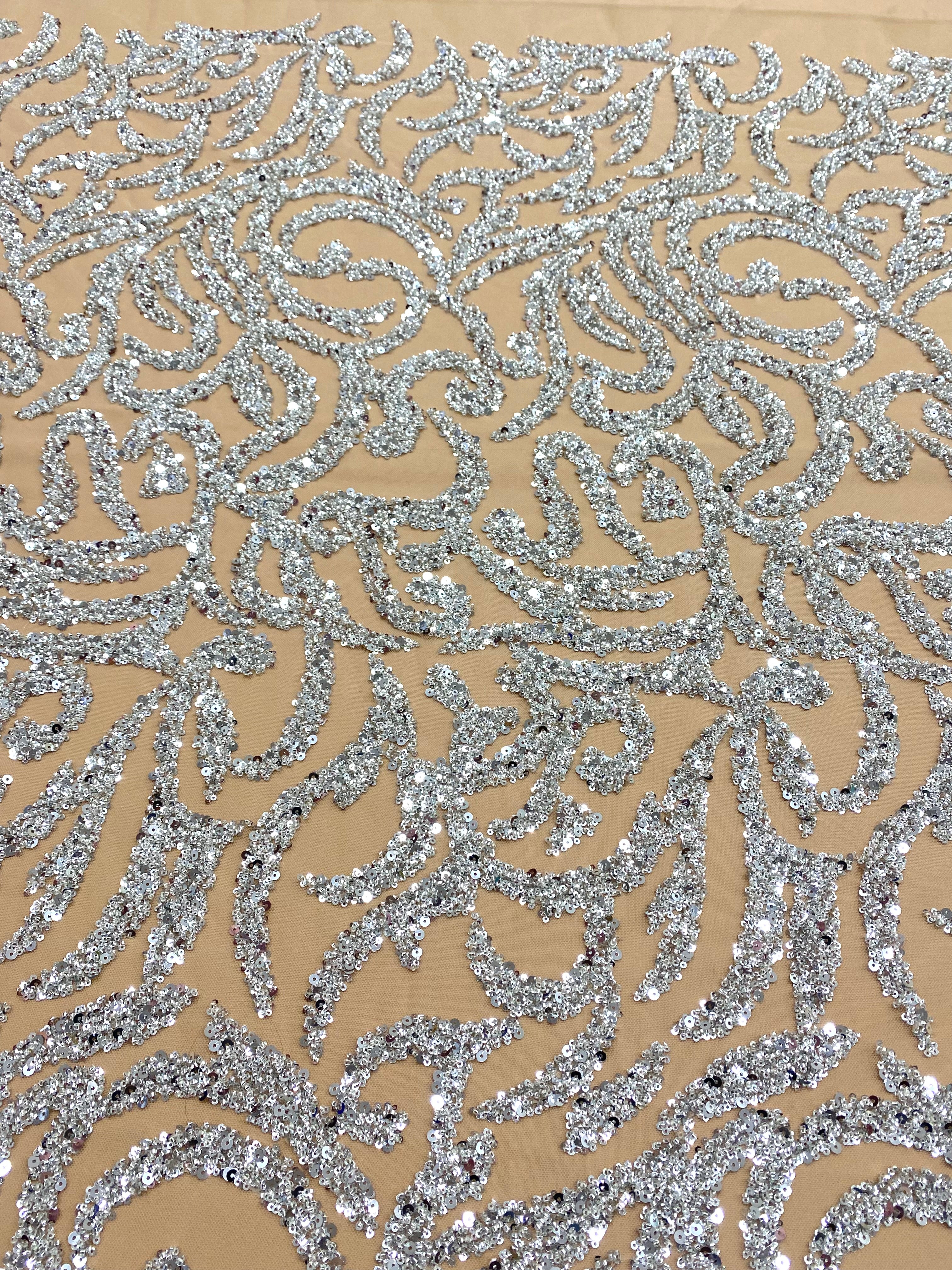 Silver Couture Lace on Nude Tulle with Beads and Sequins 