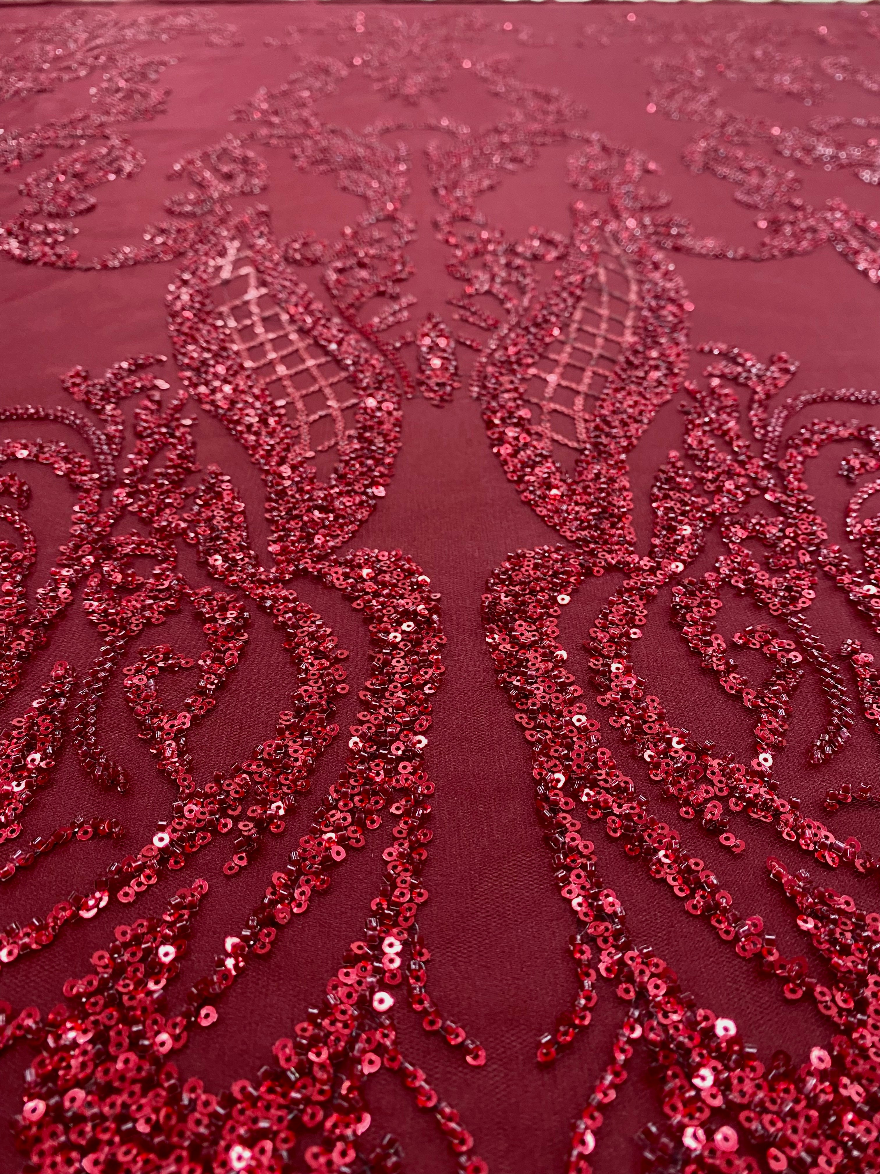 Lavender Couture Lace with Symmetrical Pattern, with Beads and Sequins 
