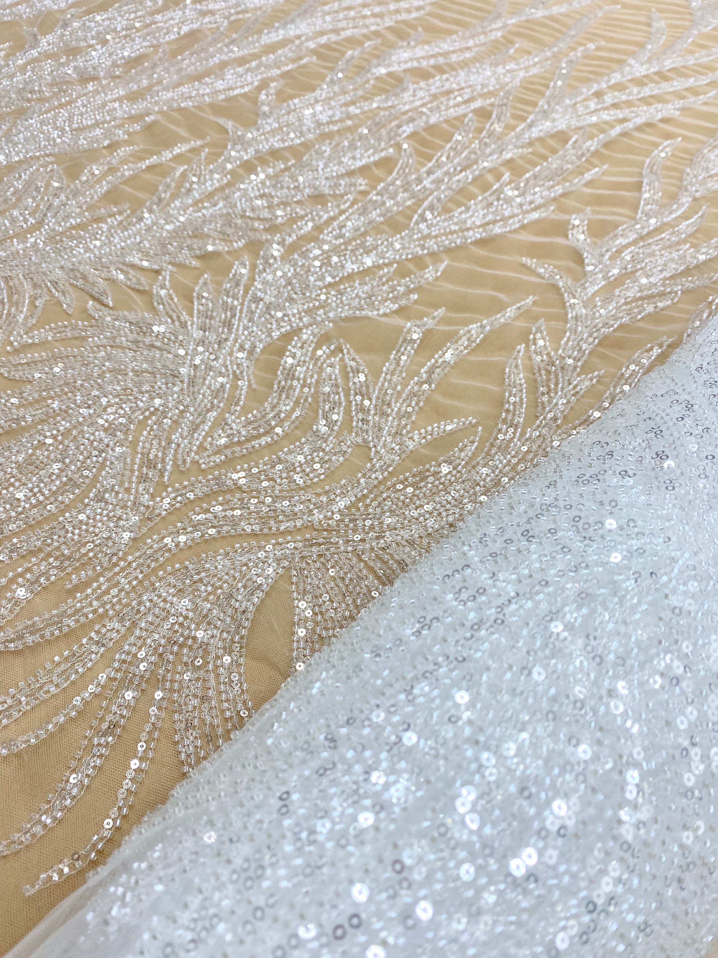 Silver Lace with Linear Pattern, with Pearls and Sequins
