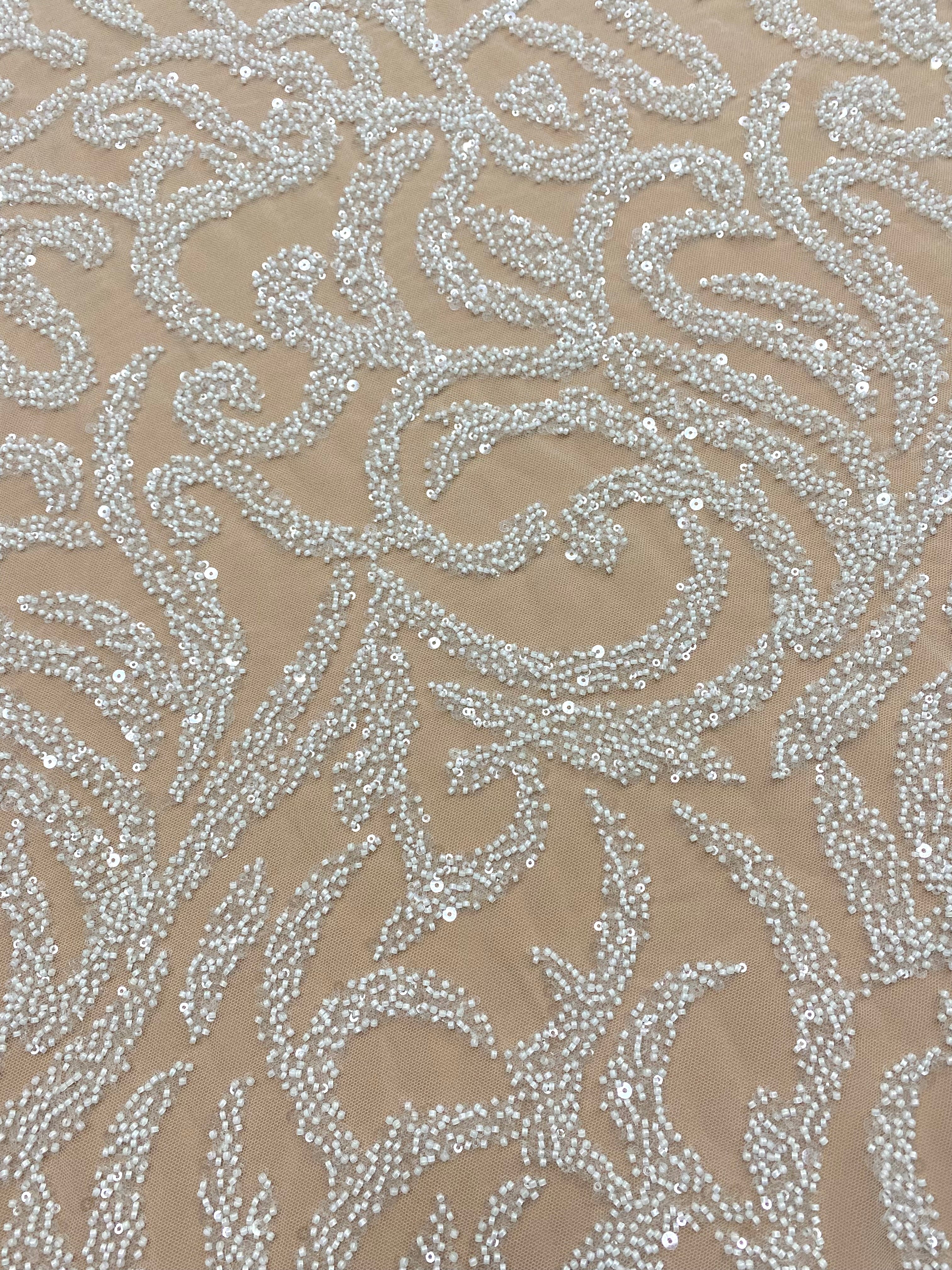Dantela Couture Ivory cu Model Geometric, cu Margele si Paiete