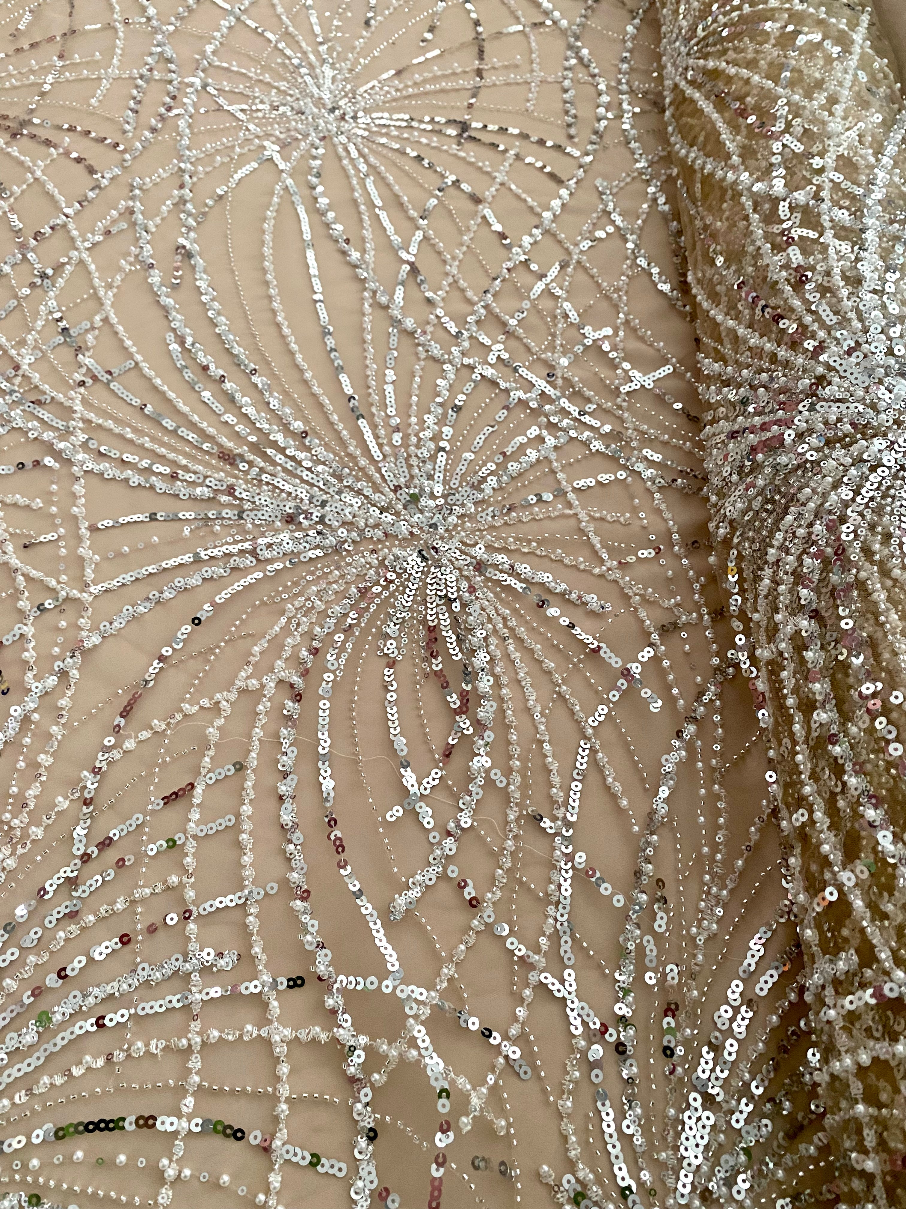 Silver Lace with Linear Pattern, with Pearls and Sequins