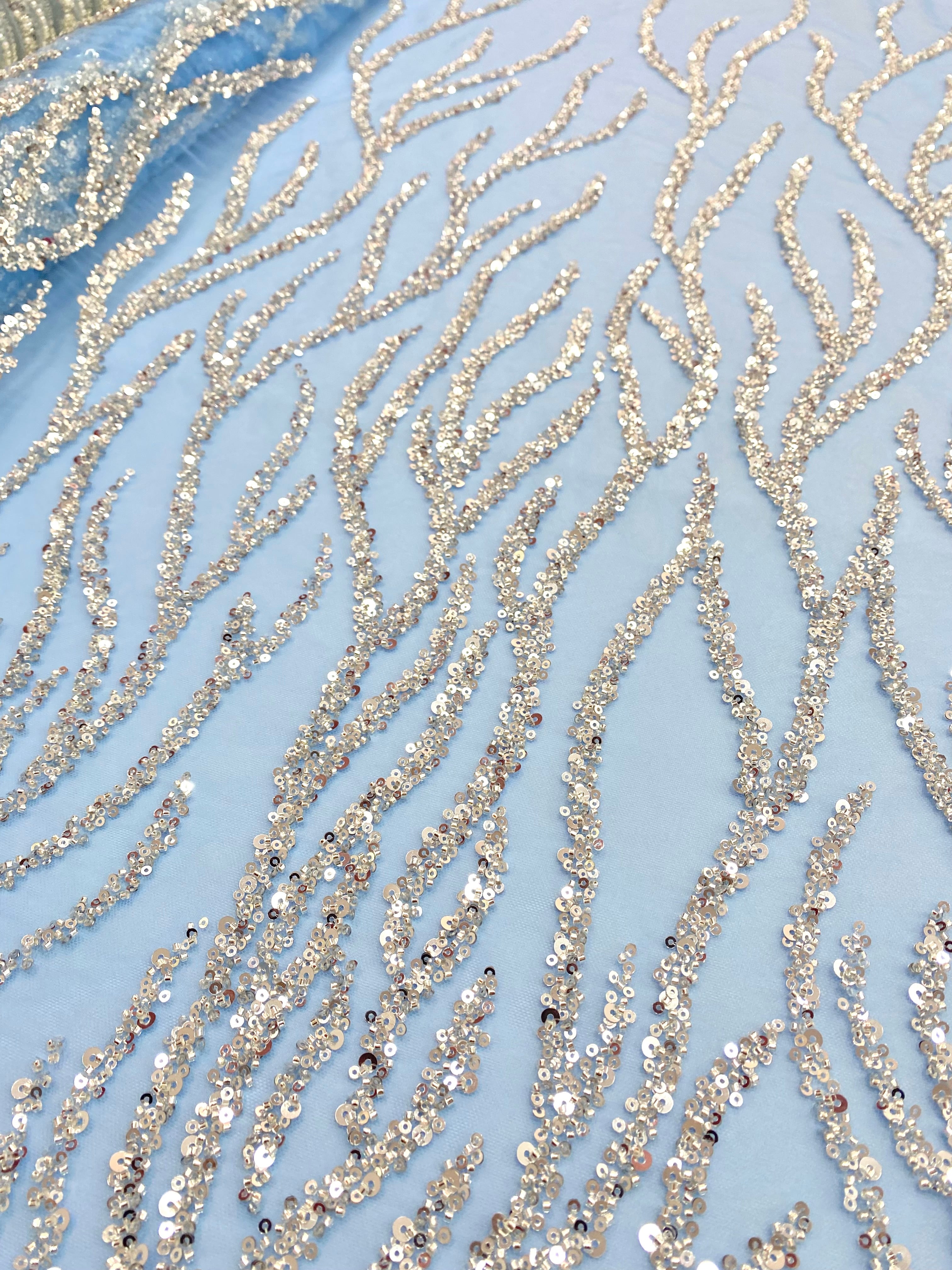 Silver Couture Lace on Blue Tulle, with Symmetrical Pattern, with Beads and Sequins 