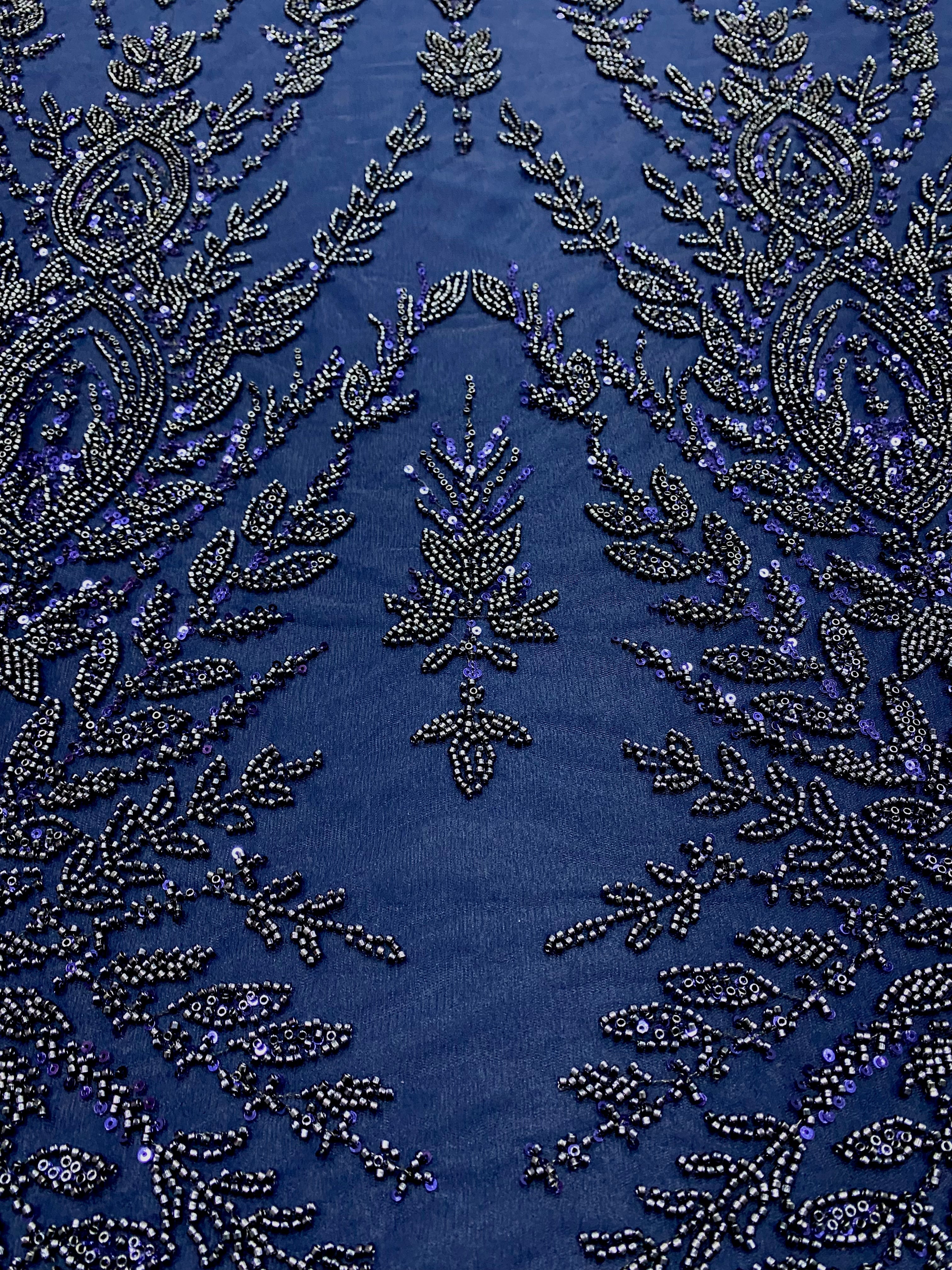 Navy Blue Couture Lace with Symmetrical Pattern, with Beads and Sequins 