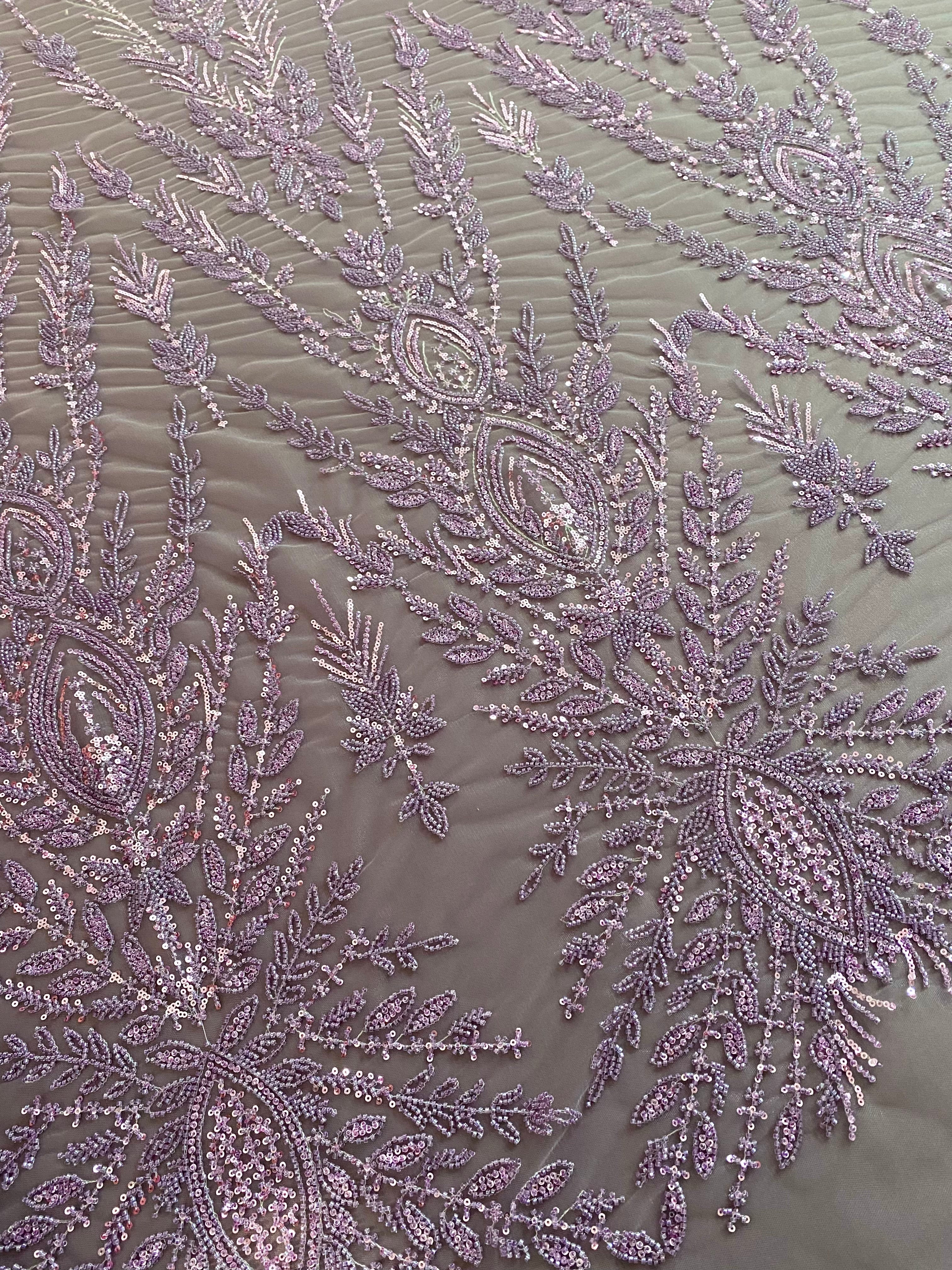 Powder Couture Lace with Symmetrical Pattern, with Beads and Sequins 