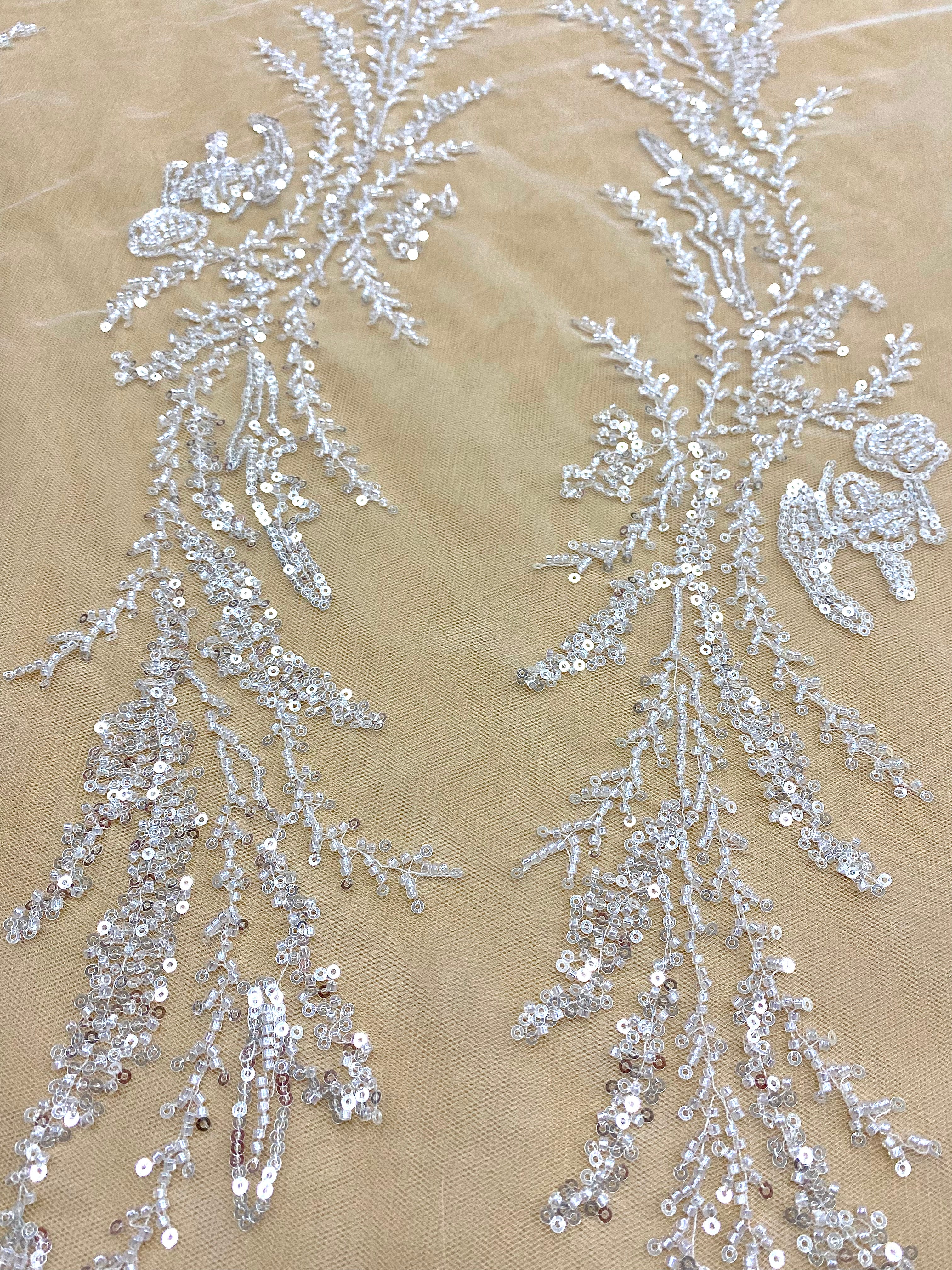 Silver Lace with Linear Pattern, with Pearls and Sequins