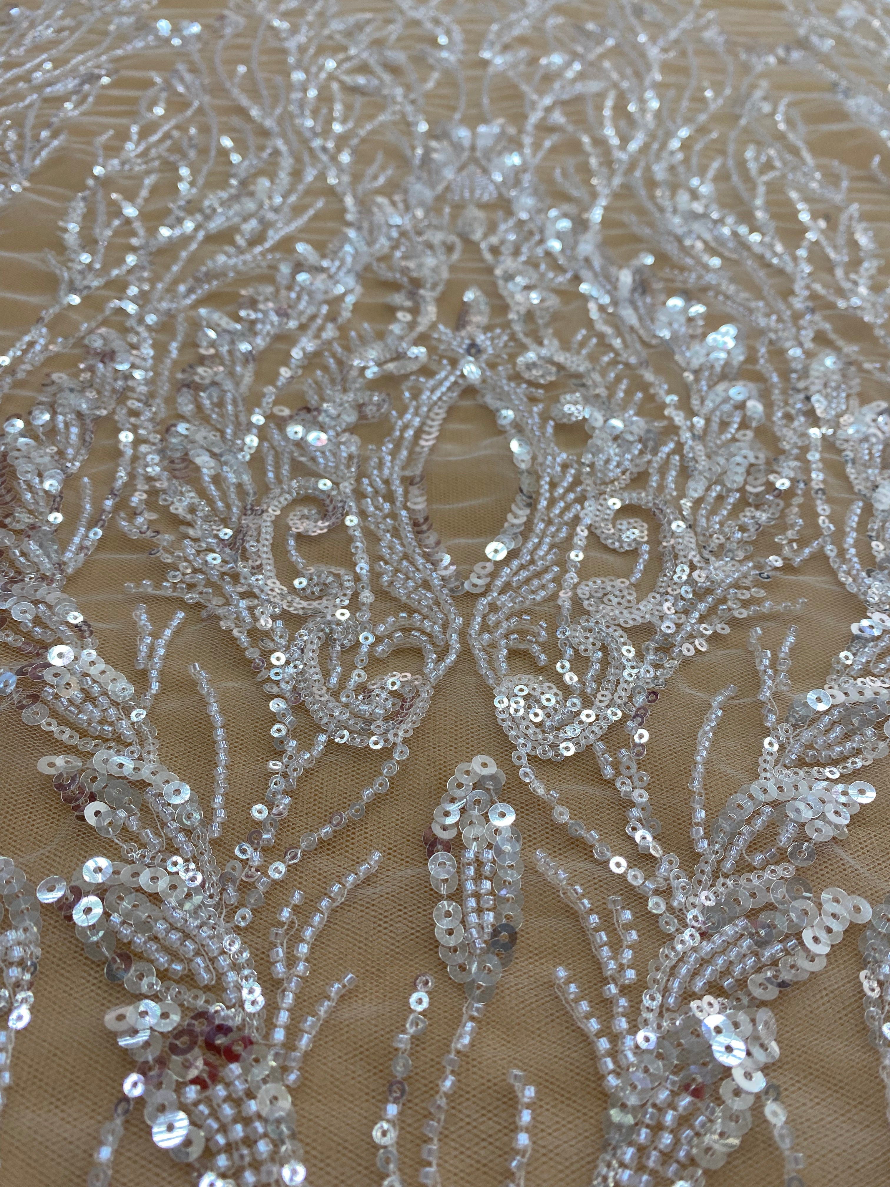 Silver Lace with Linear Pattern, with Pearls and Sequins