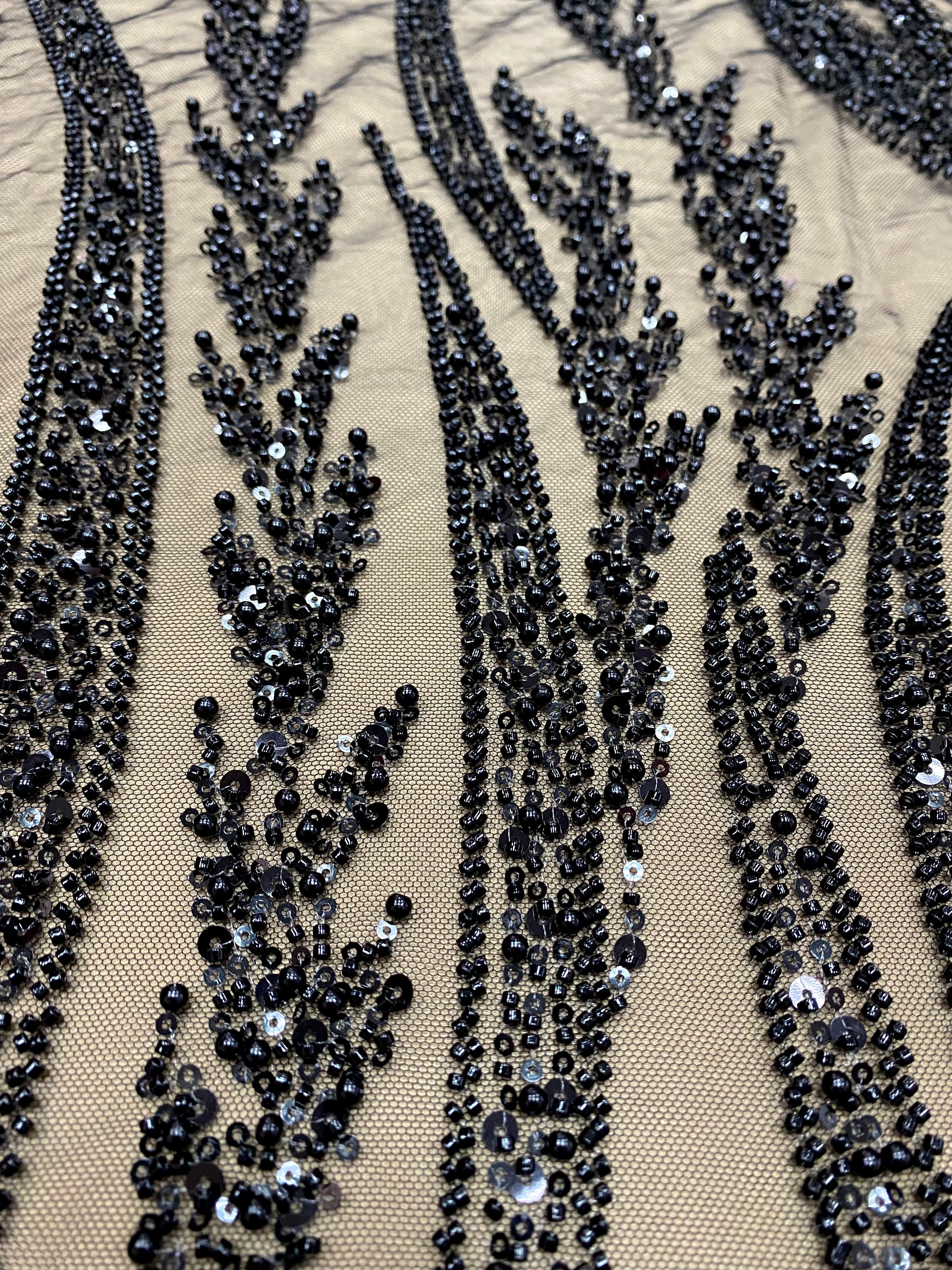 Silver Couture Lace on Blue Tulle, with Symmetrical Pattern, with Beads and Sequins 