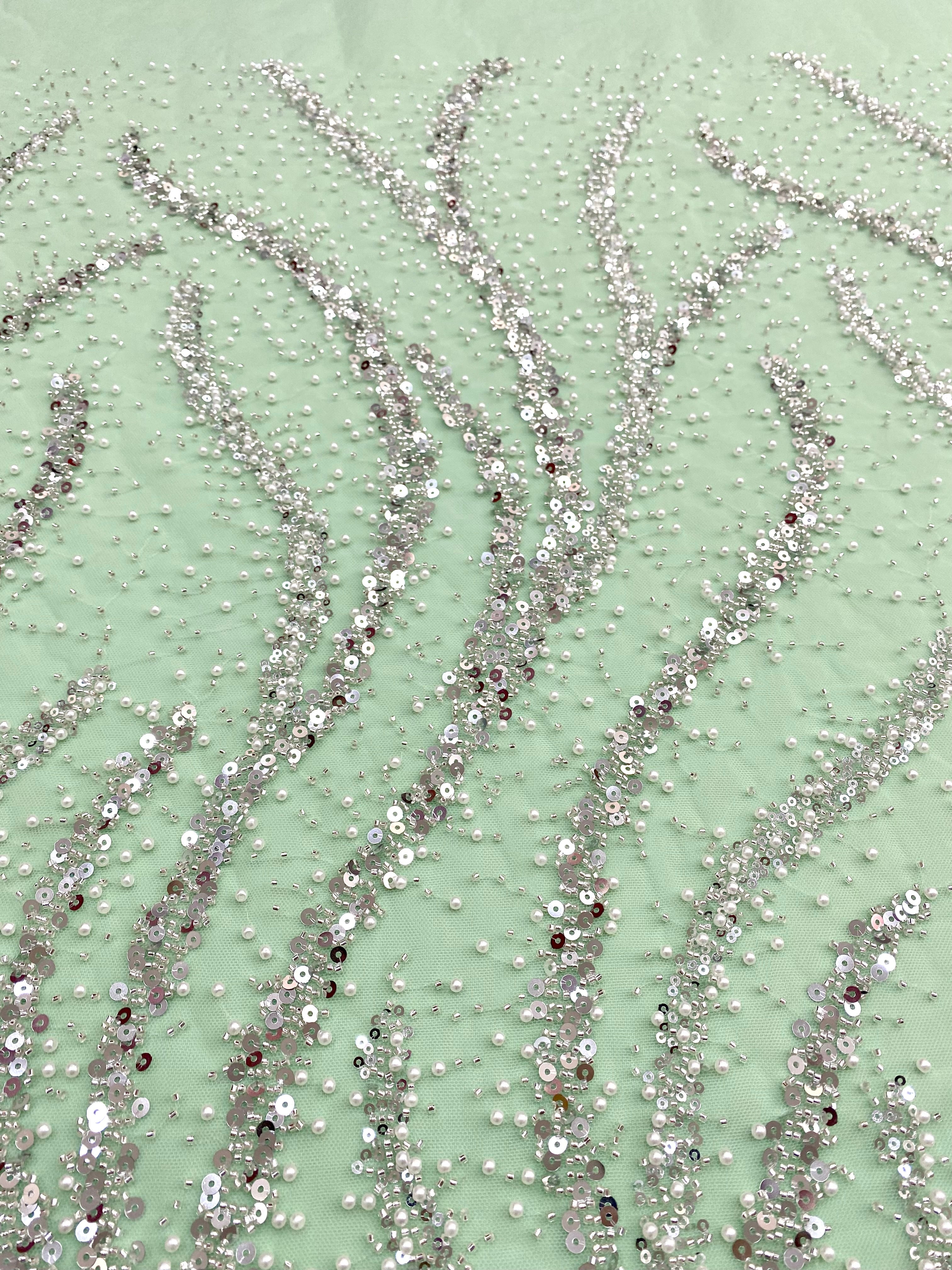 Silver Couture Lace on Mint Green Tulle with Pearls, Beads and Sequins