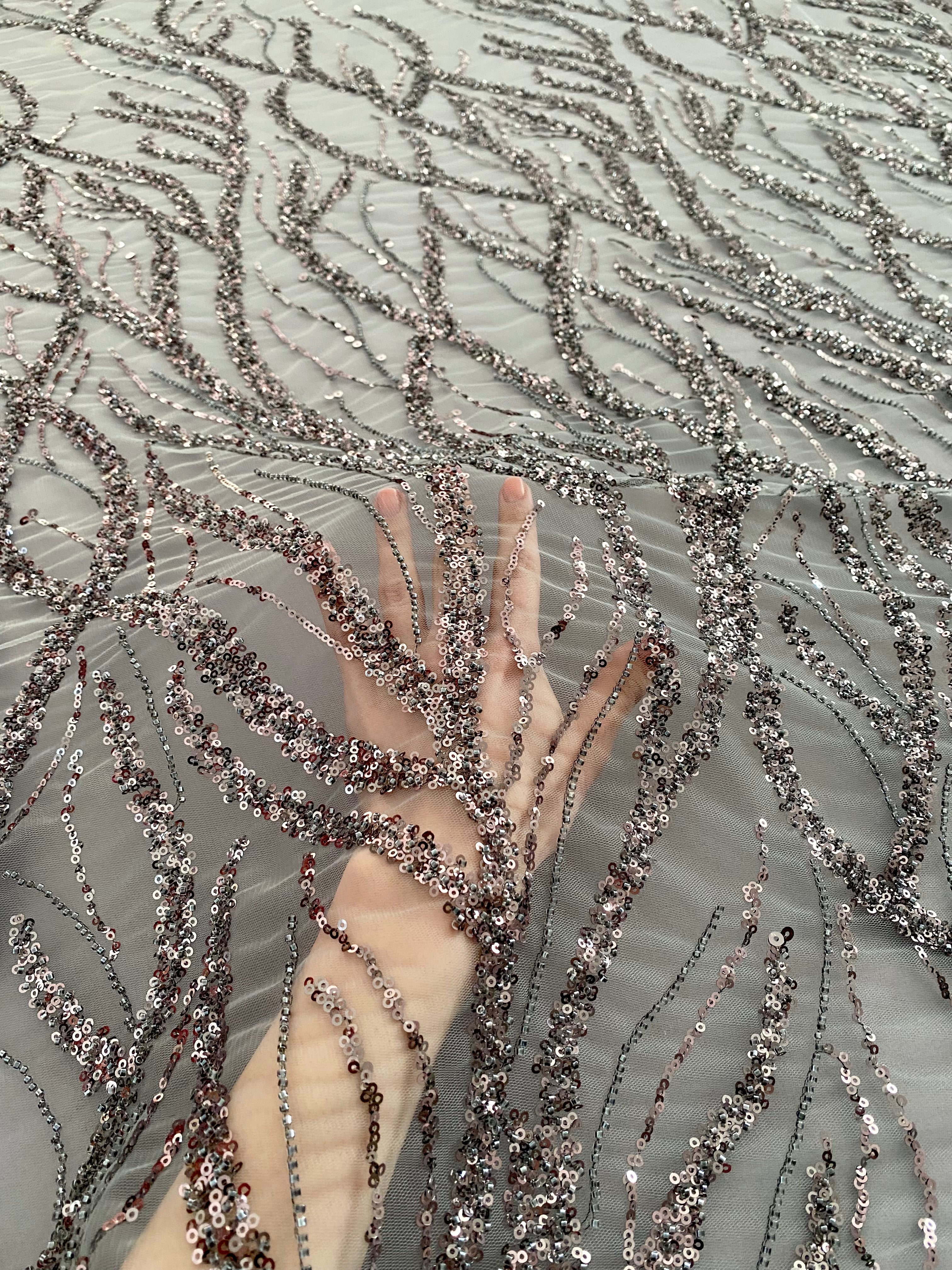 Anthracite Grey Couture Lace with Strings, Beads and Sequins