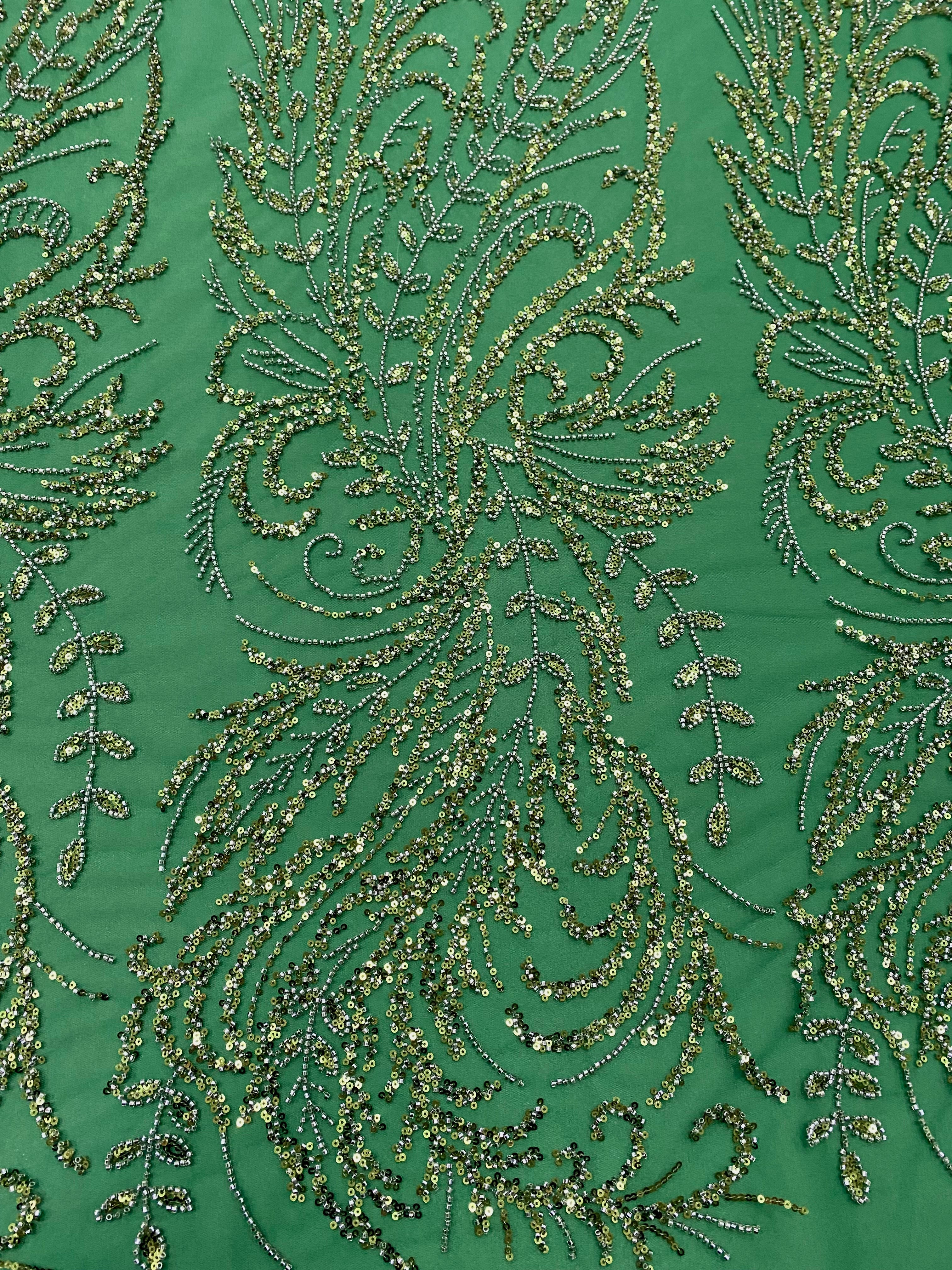Dantela Couture Verde Smarald cu Model Floral, cu Margele si Paiete