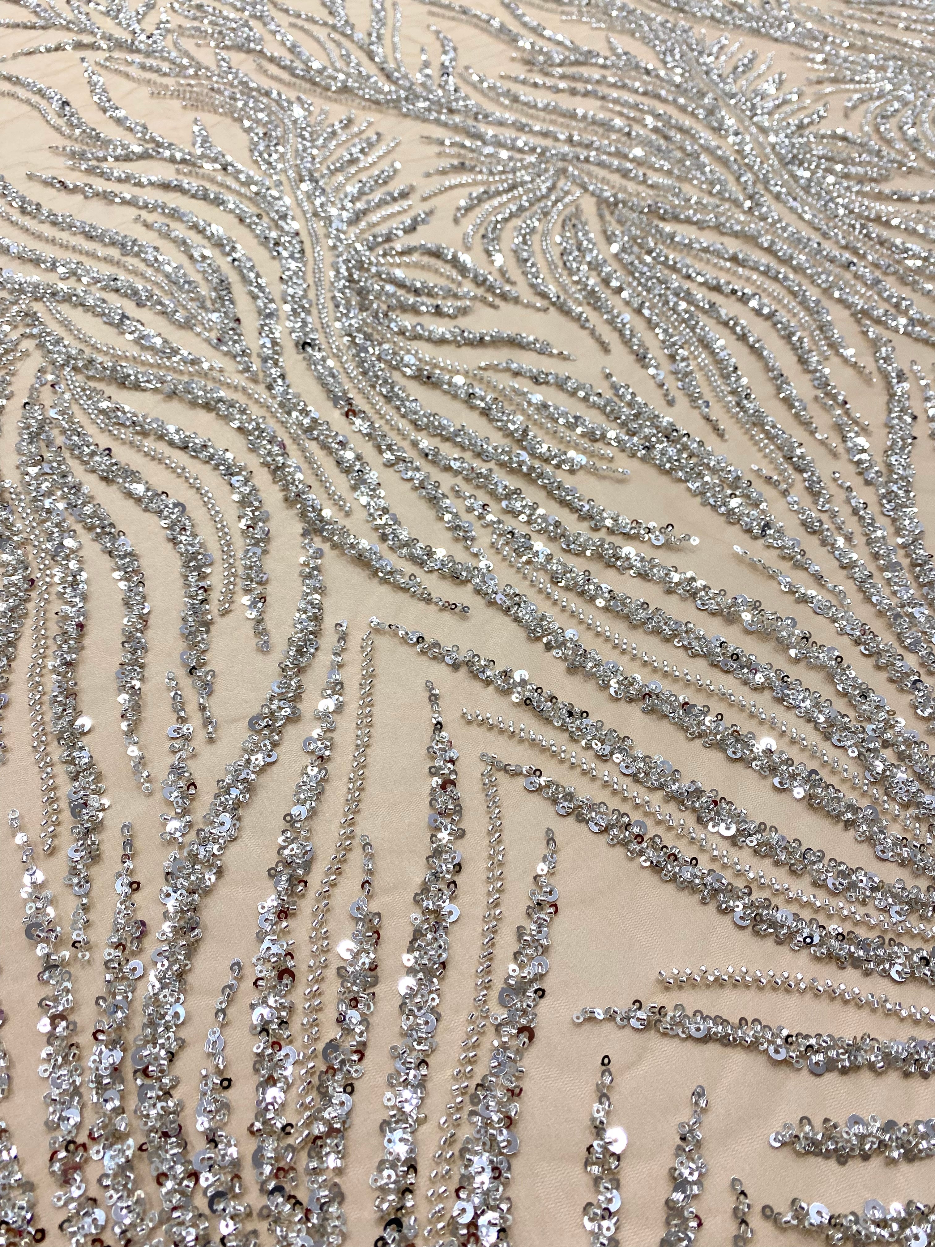 Silver Couture Lace on Nude Tulle with Strings, Beads and Sequins