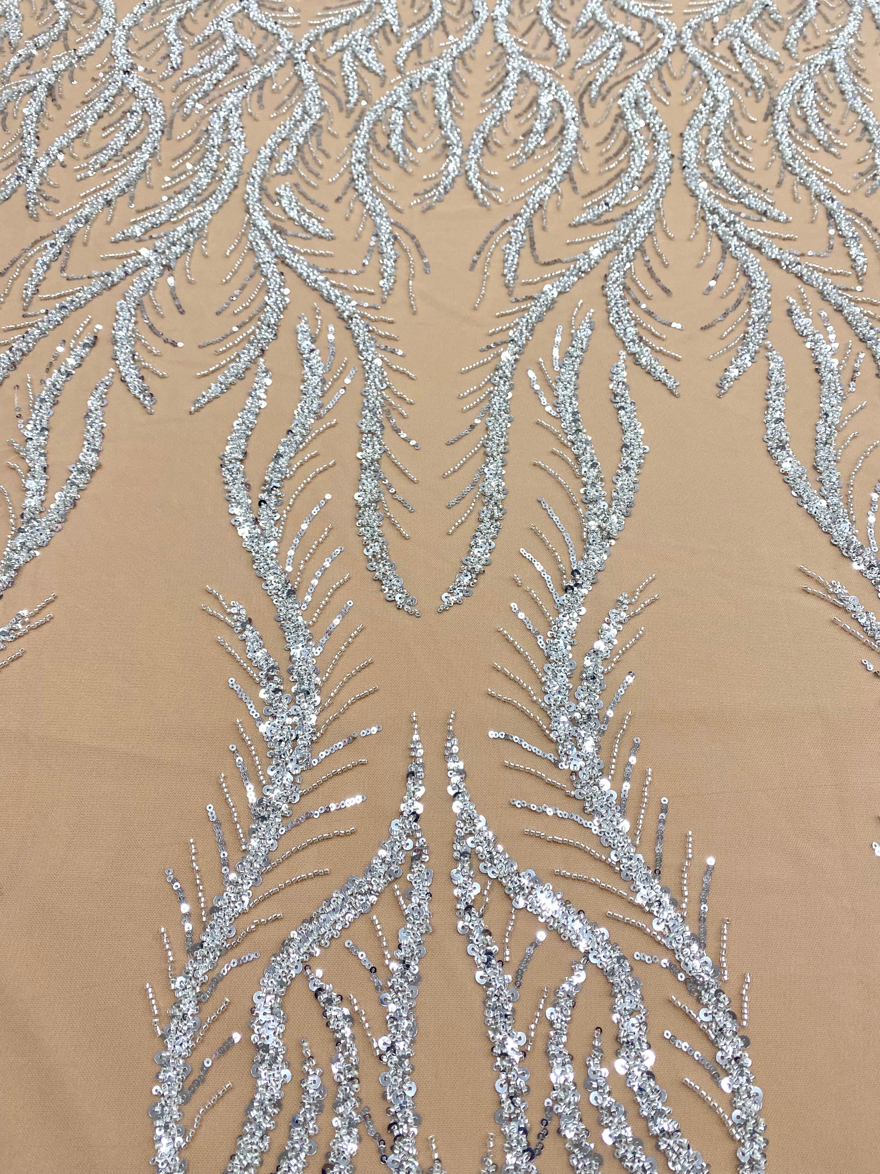 Silver Couture Lace on Nude Tulle with Panel, Beading and Sequins