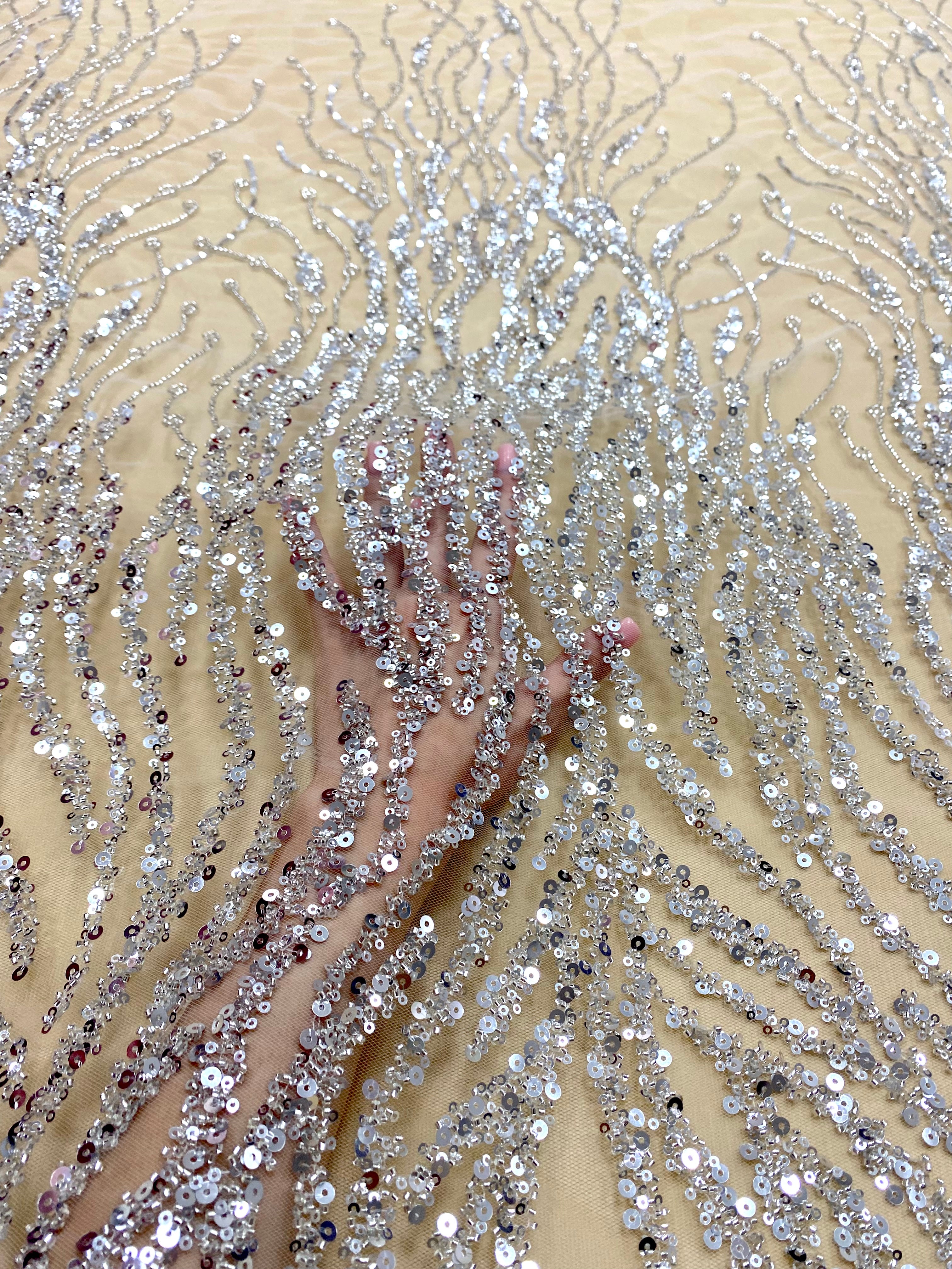 Silver Couture Lace with Strings, Beads and Sequins