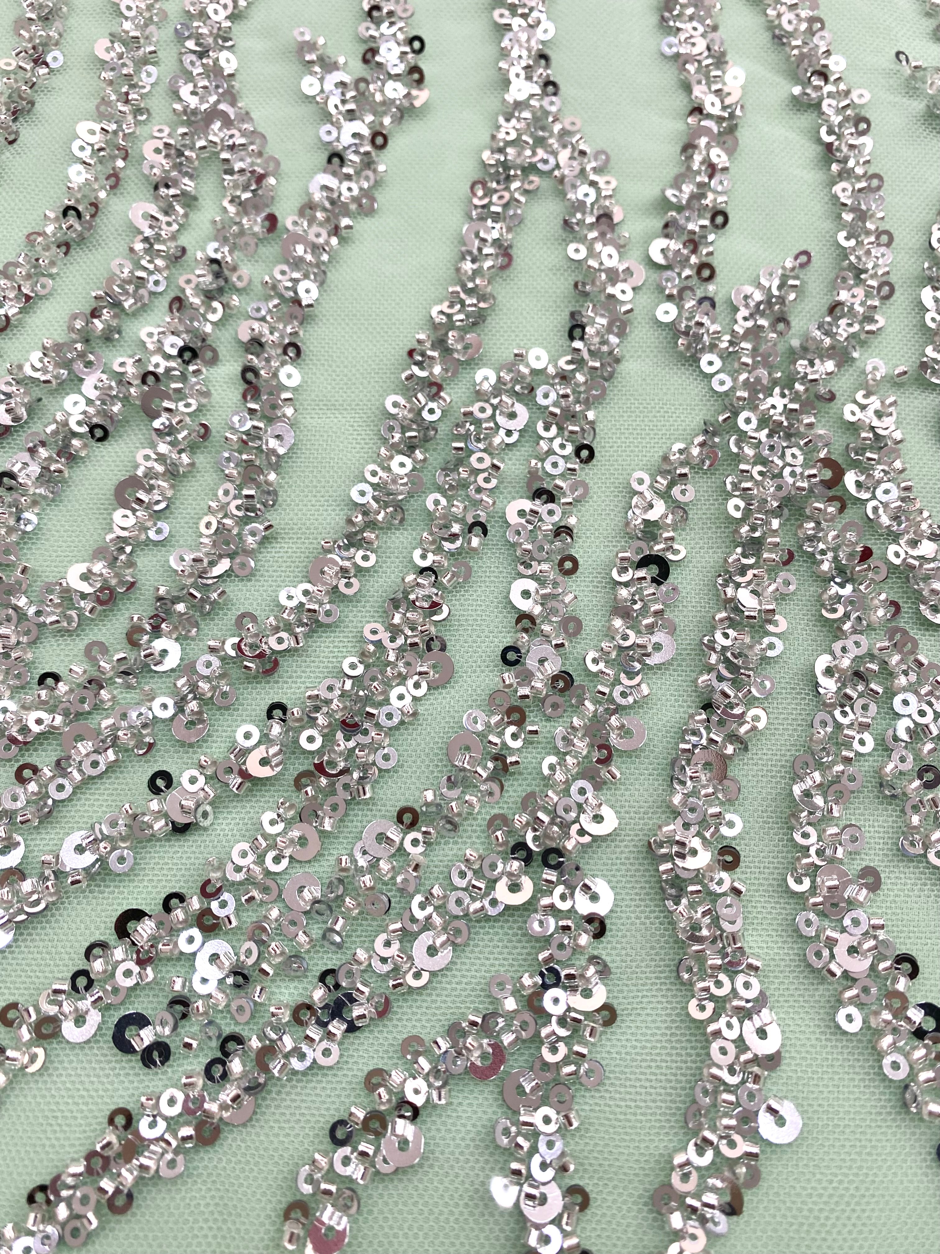 Silver Couture Lace on Mint Green Tulle with Strings, Beads and Sequins
