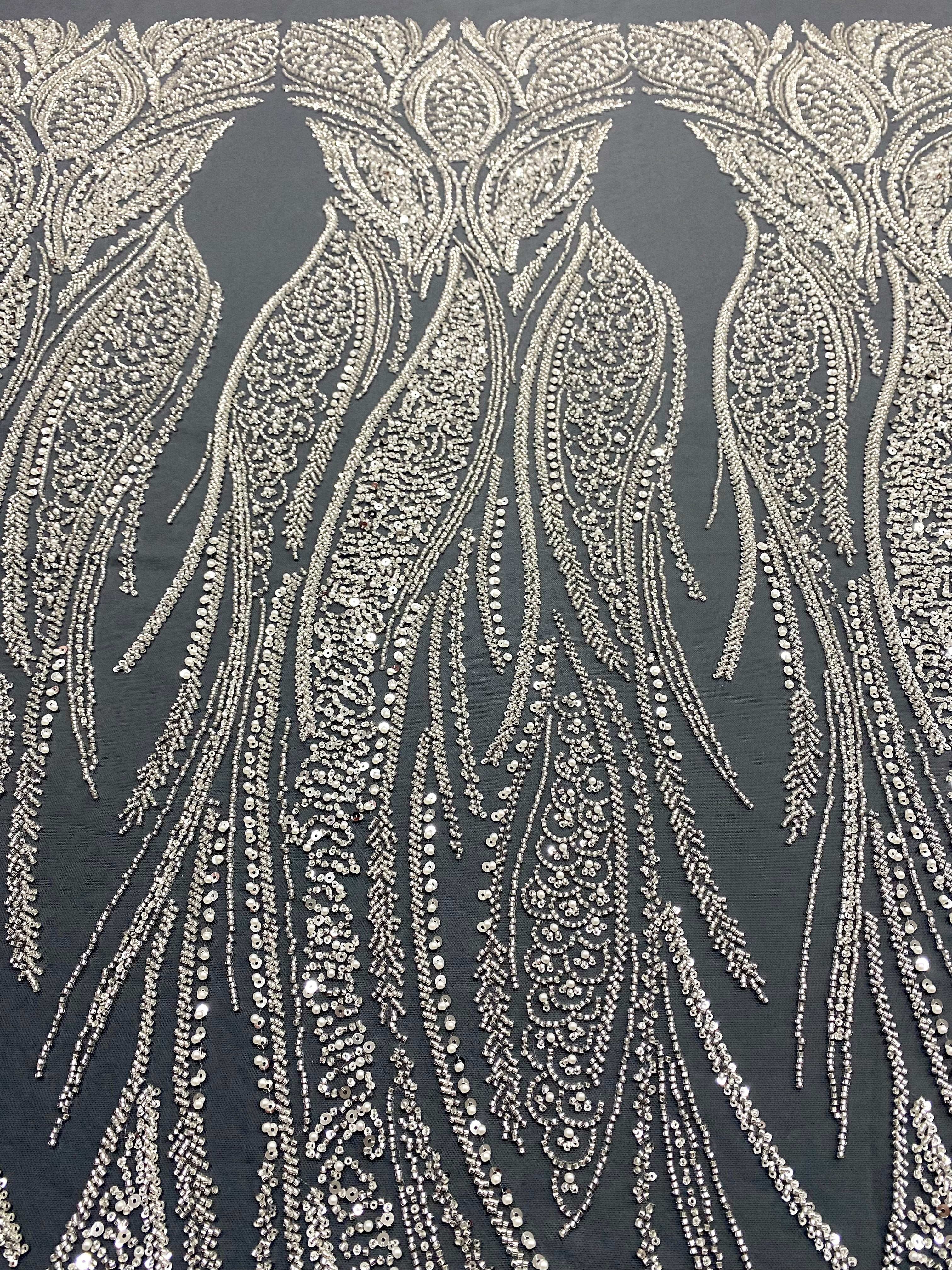 Silver Couture Lace on Anthracite Tulle with Panel, with Pearls, Beads and Sequins