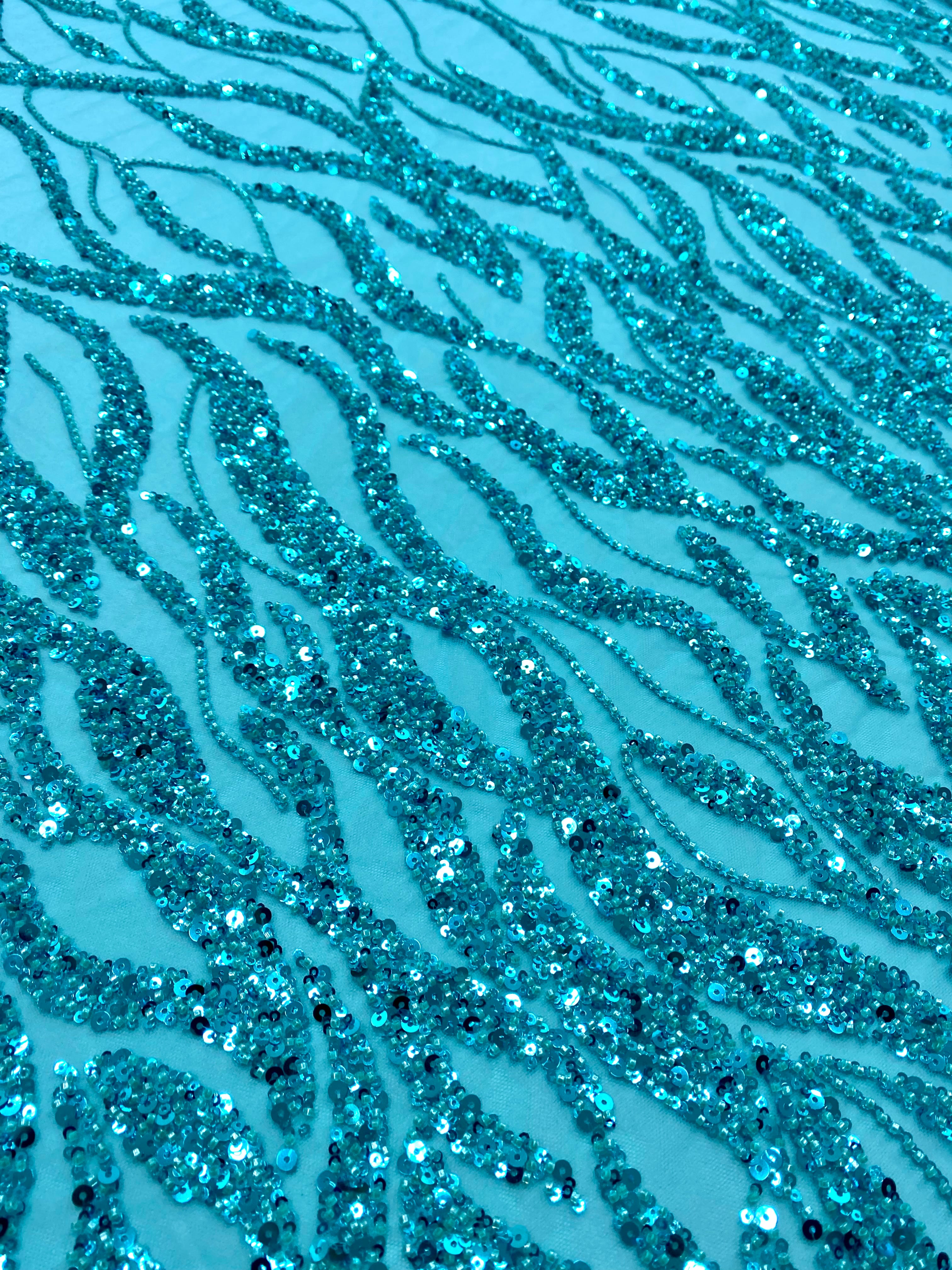 Turquoise Couture Lace with Strings, Beads and Sequins 