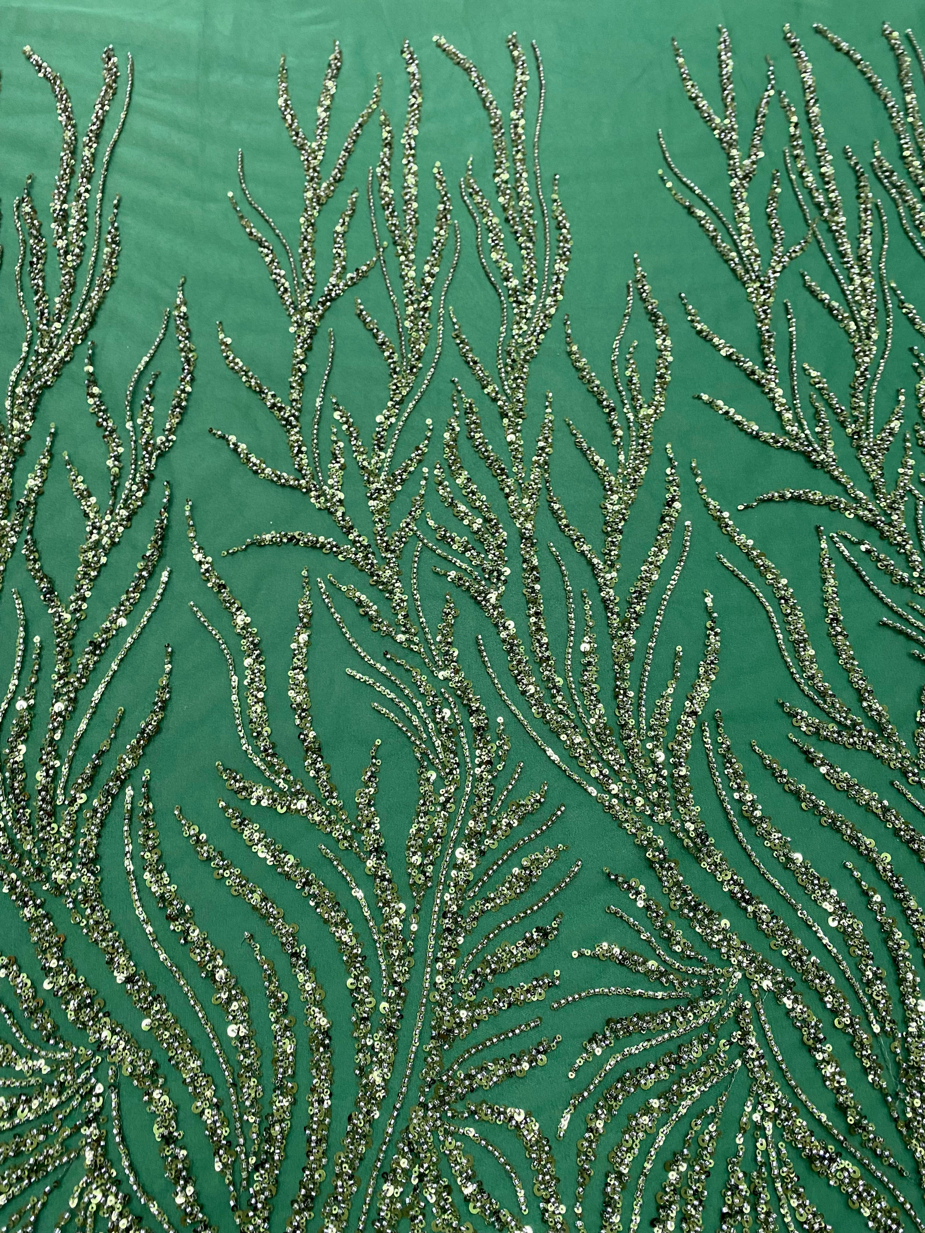 Turquoise Lace with Linear Pattern, with Beads and Sequins