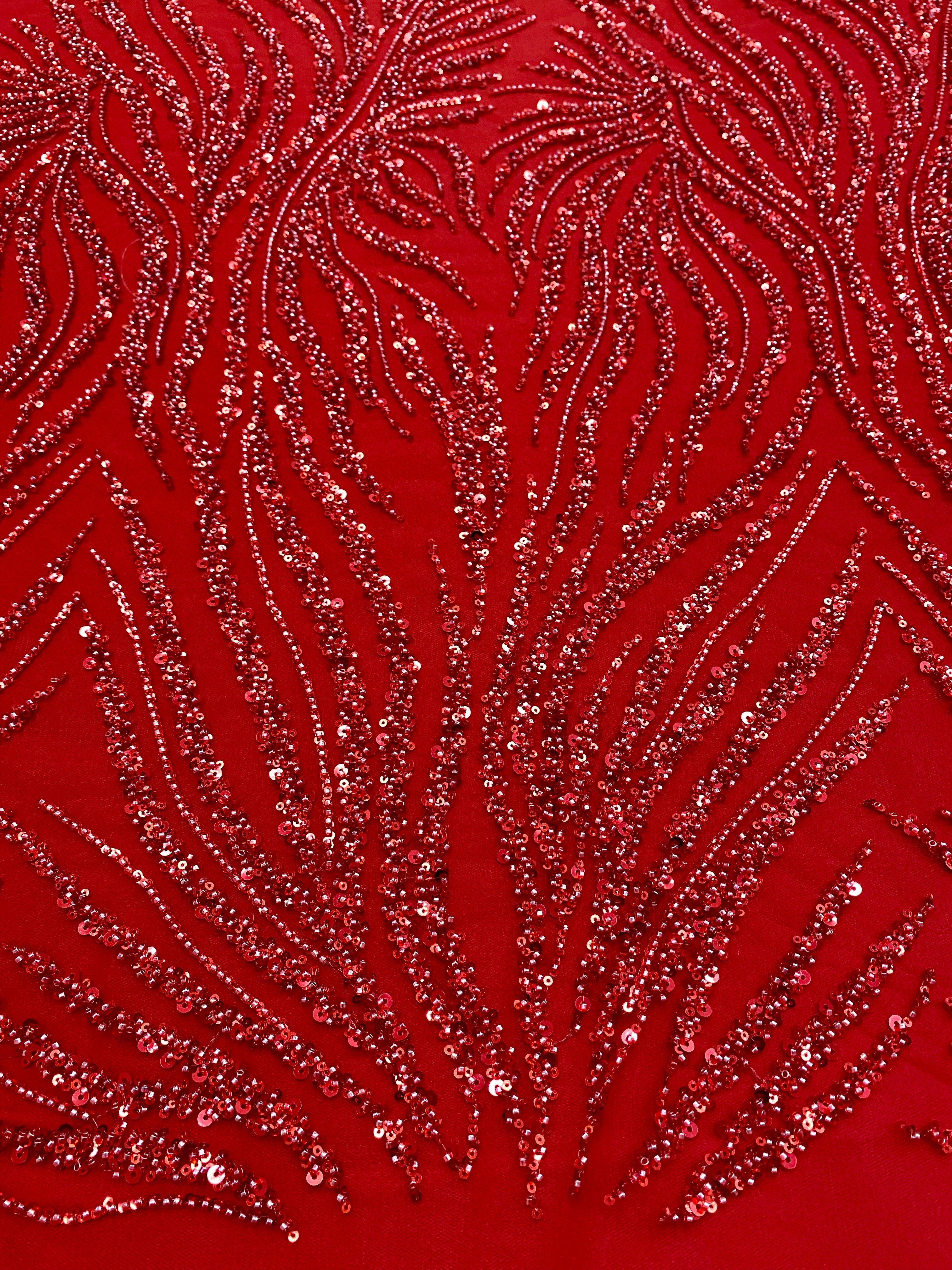 Red Couture Lace with Strings, Beads and Sequins