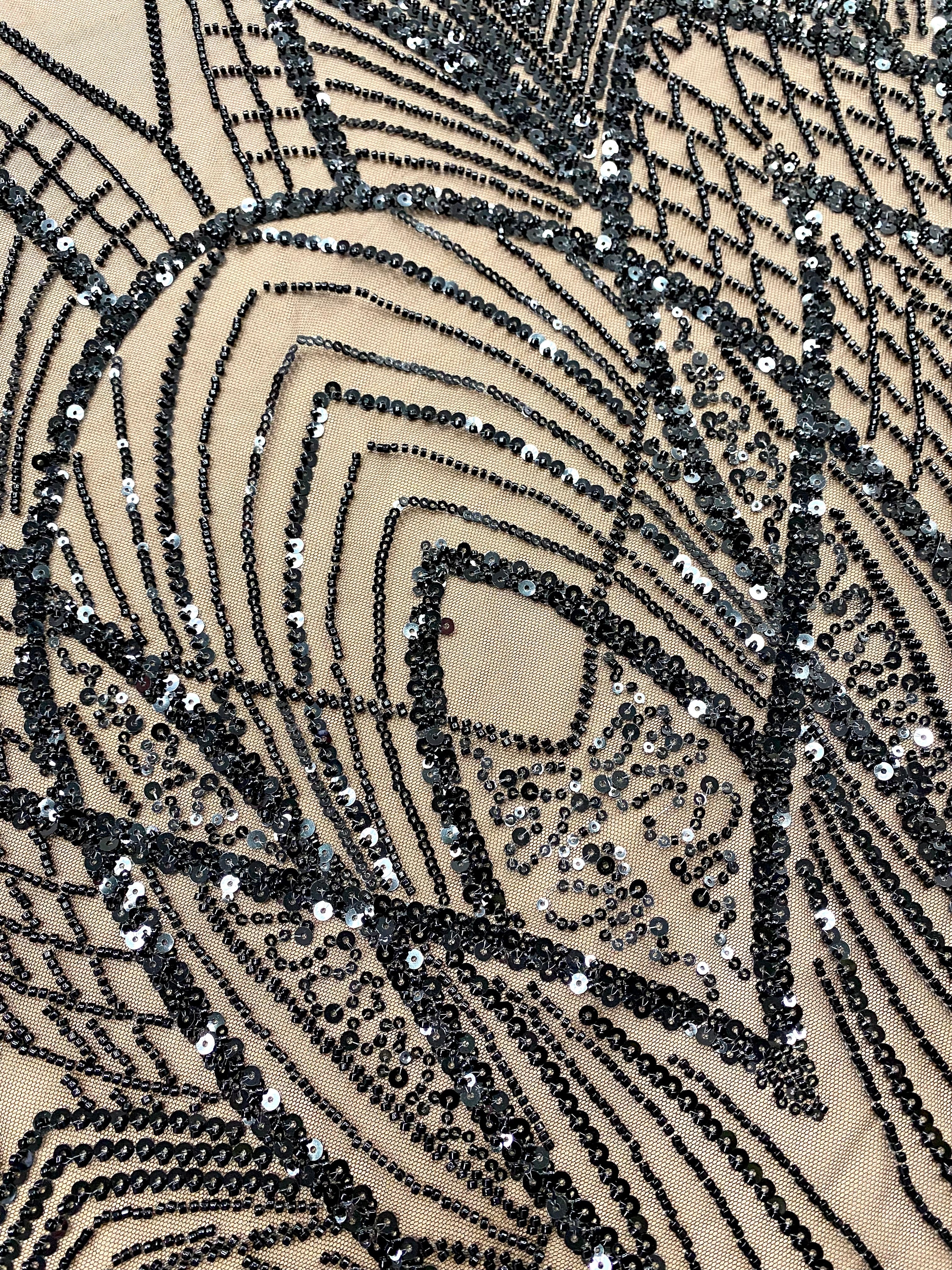 Black Couture Lace with Panel, Beads and Sequins