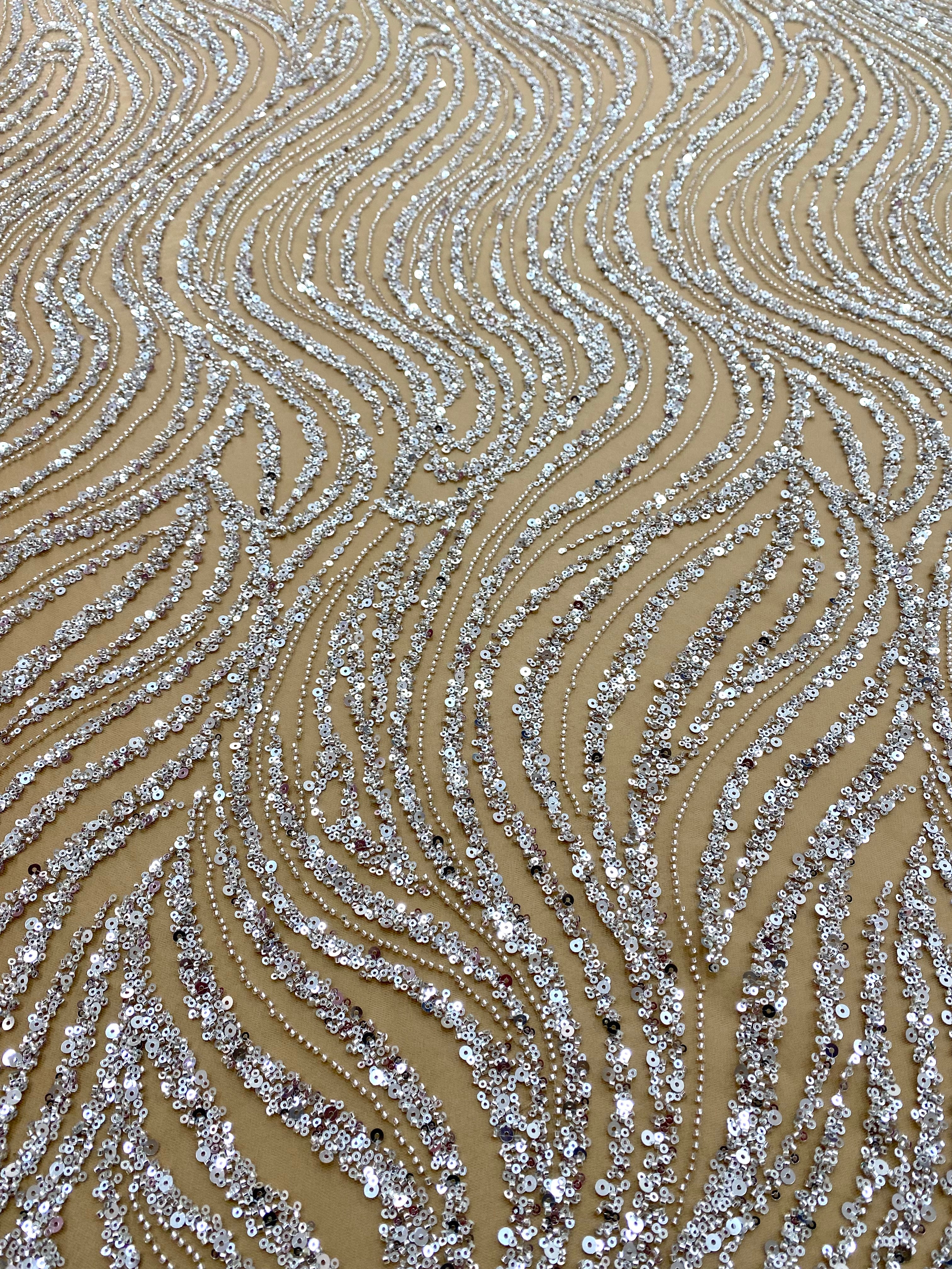 Silver Lace with Linear Pattern, with Pearls and Sequins