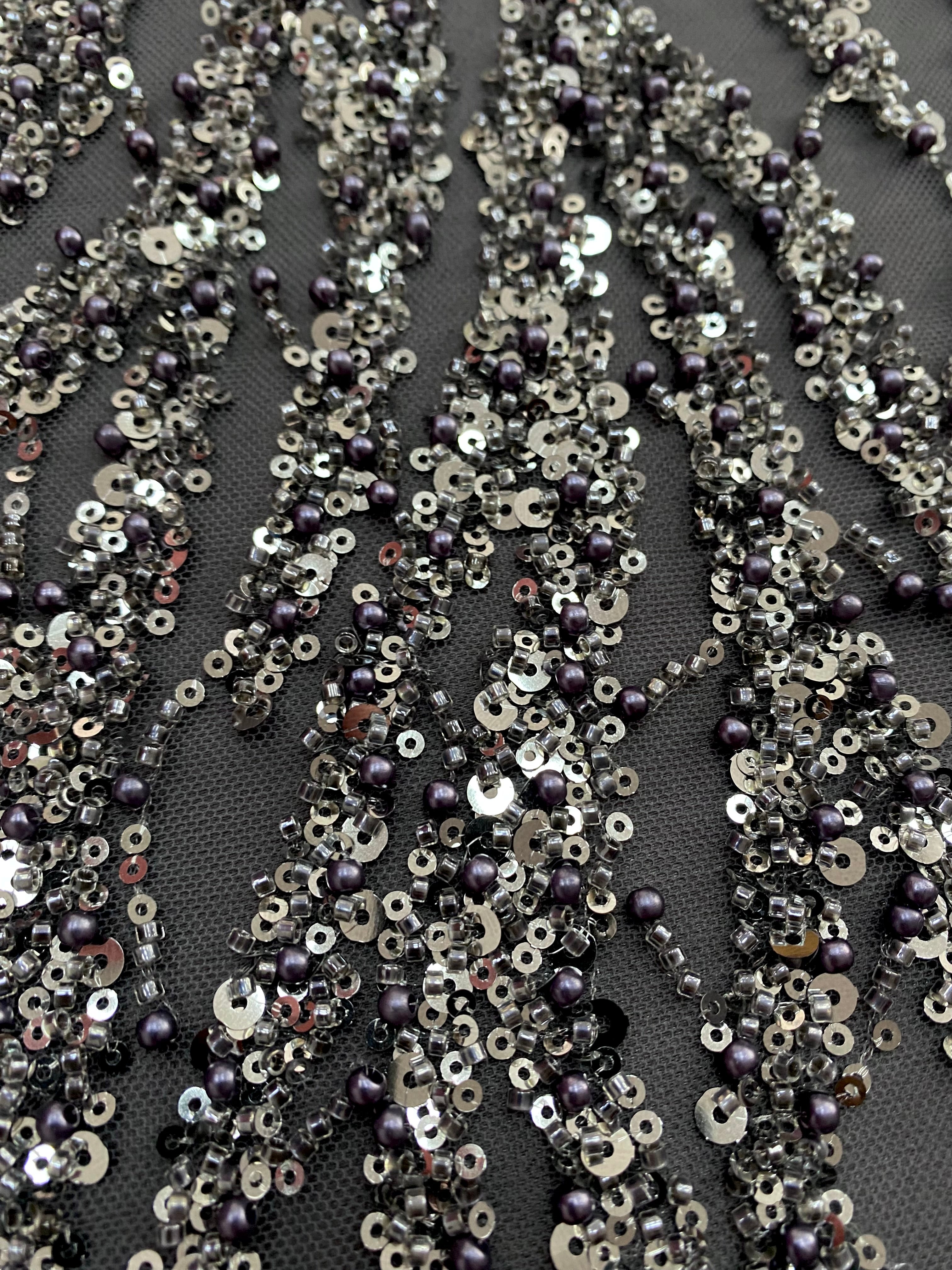Silver Lace with Linear Pattern, with Pearls and Sequins