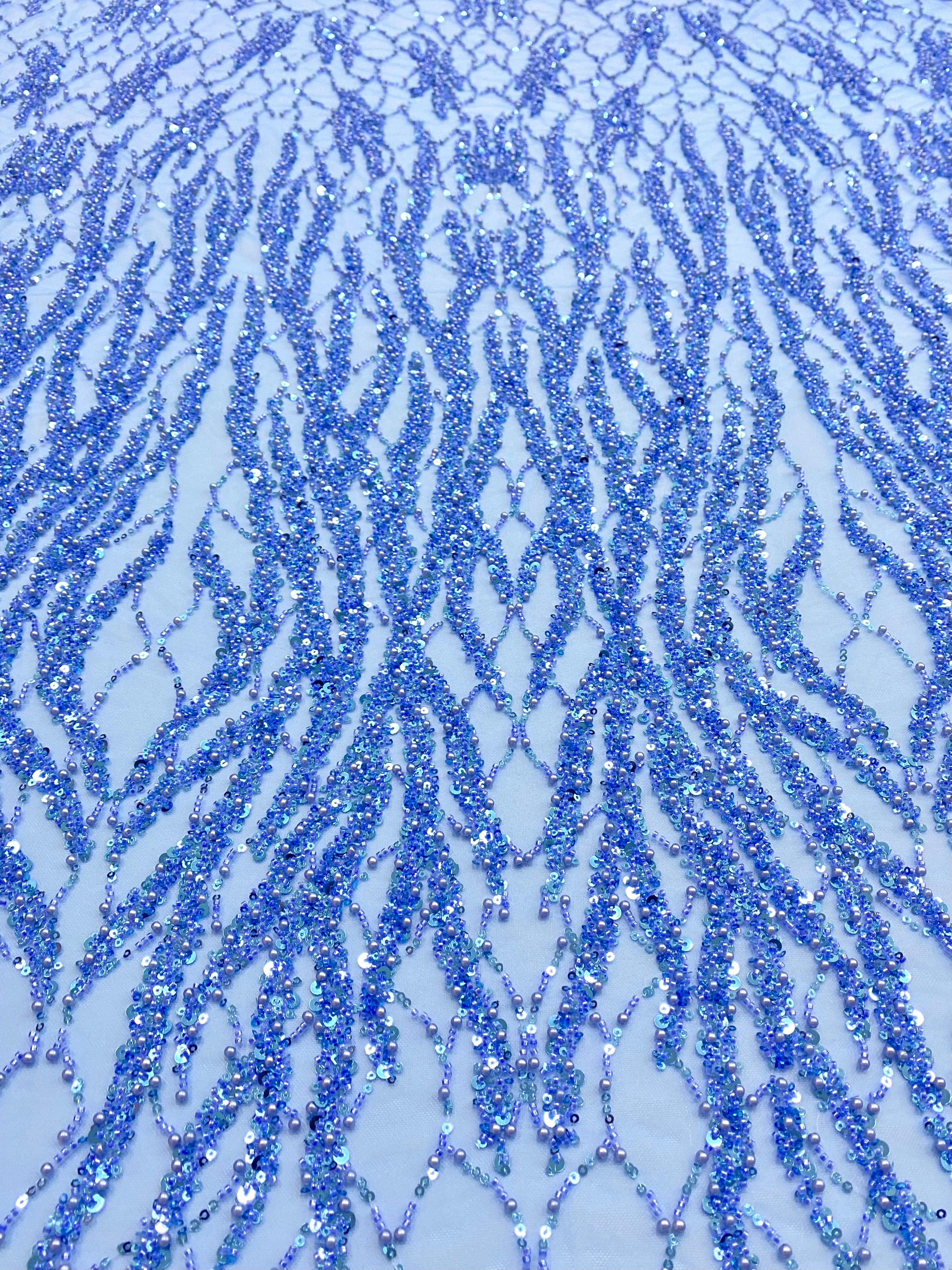 Dantela Couture Sky Blue cu Siraguri cu Perle, Margele si Paiete