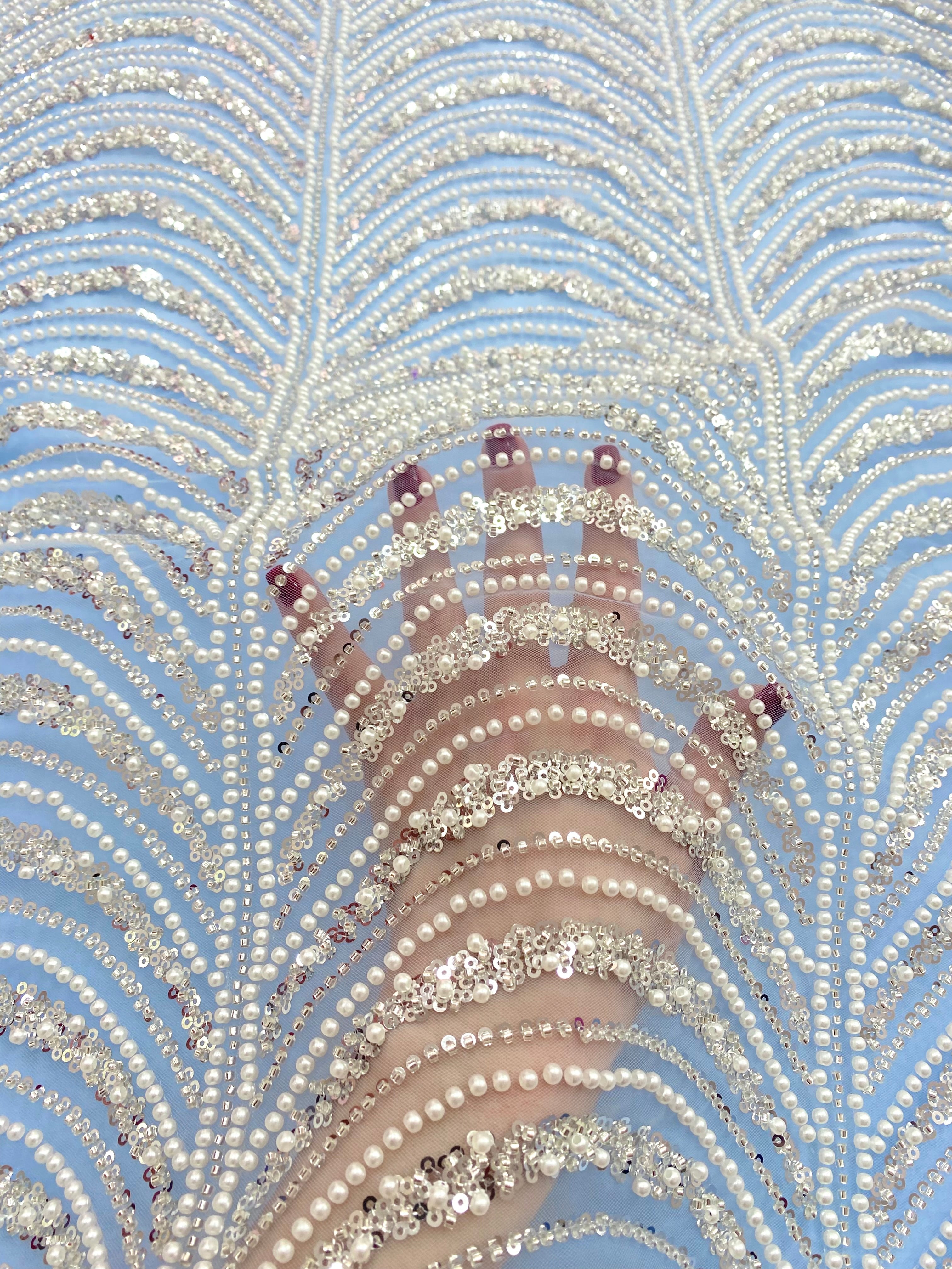 Silver Couture Lace on Blue Tulle, with Symmetrical Pattern, with Beads and Sequins 