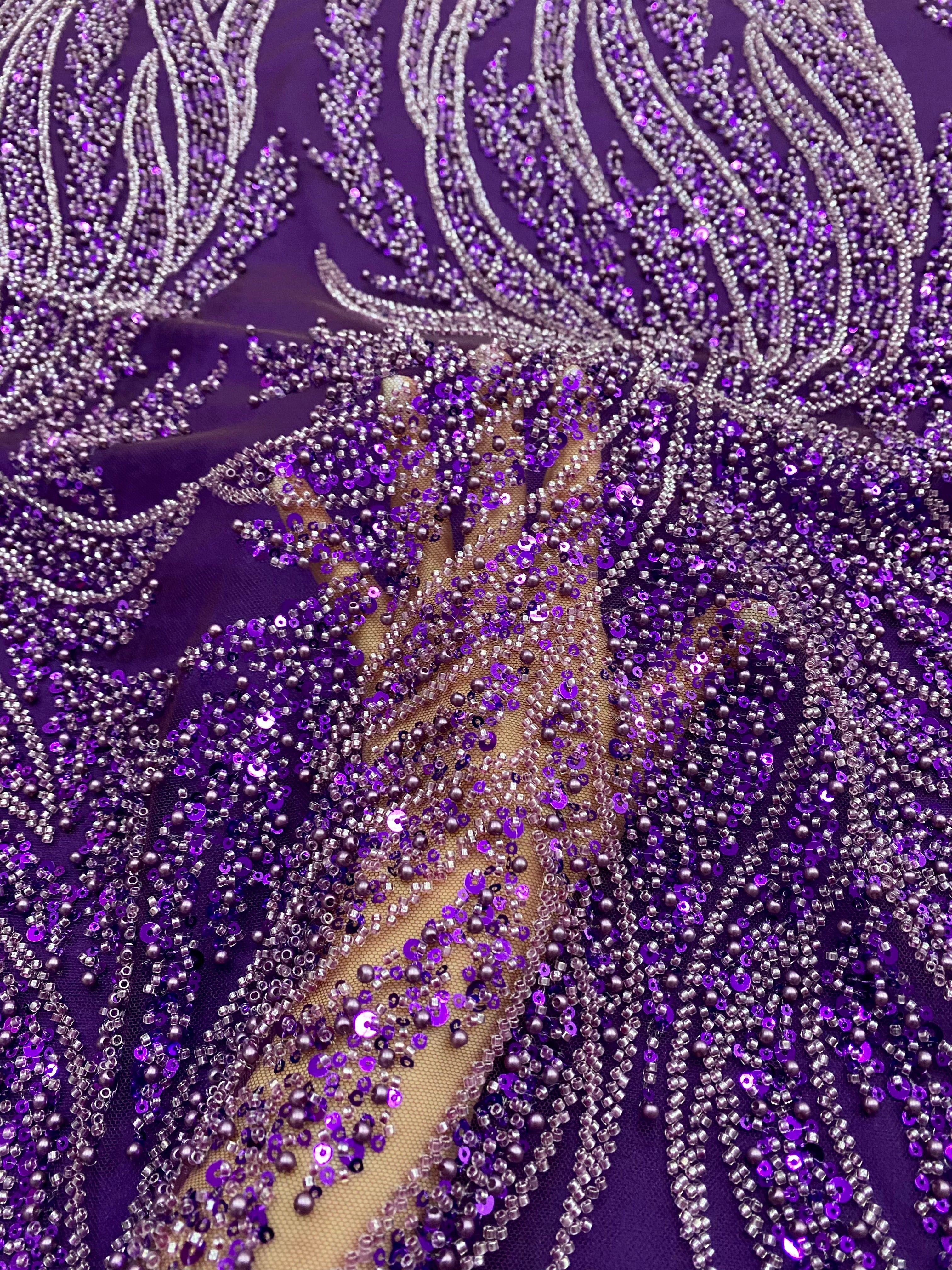 Silver Lace with Linear Pattern, with Pearls and Sequins