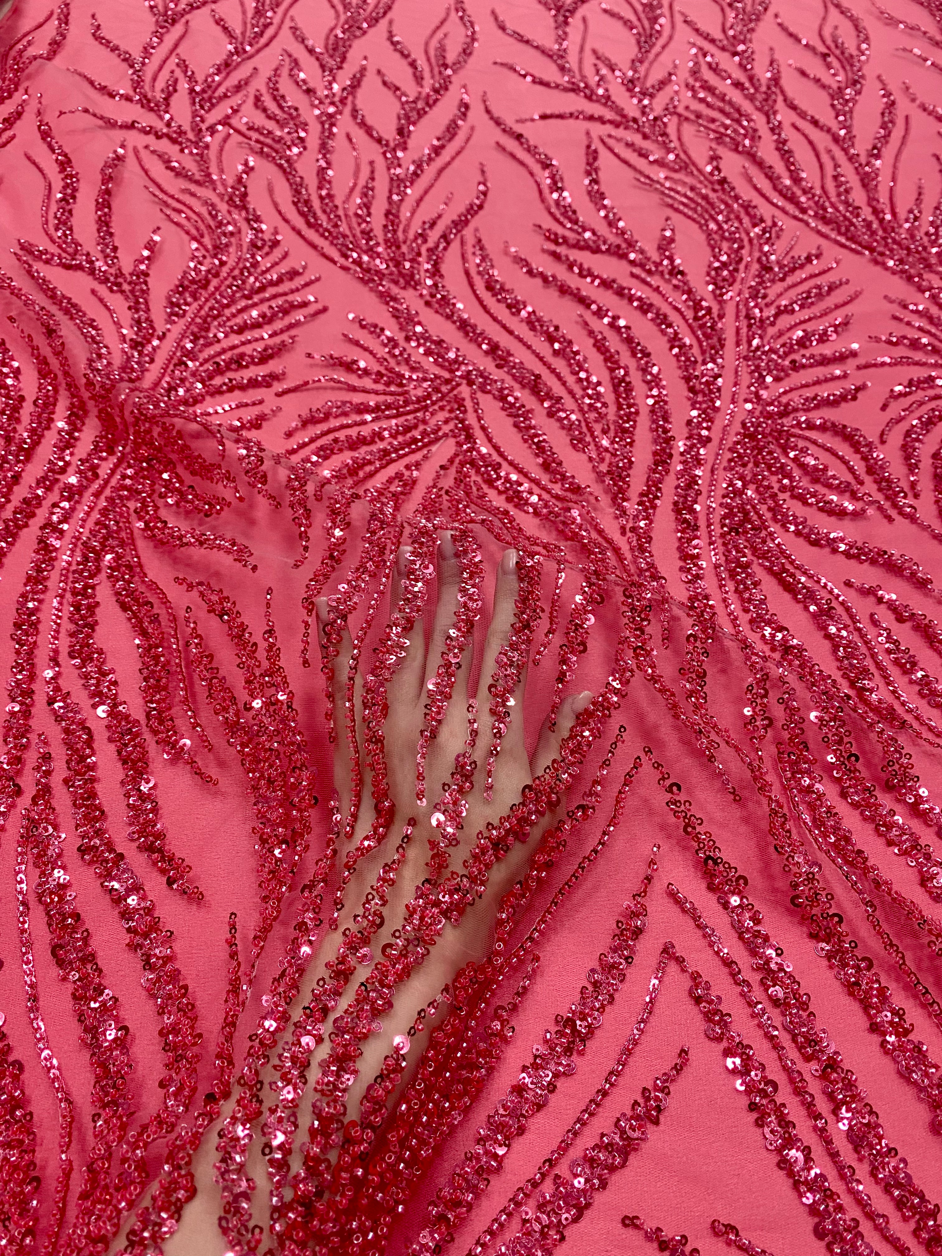 Dantela Couture Roz Coral cu Siraguri, cu Margele si Paiete