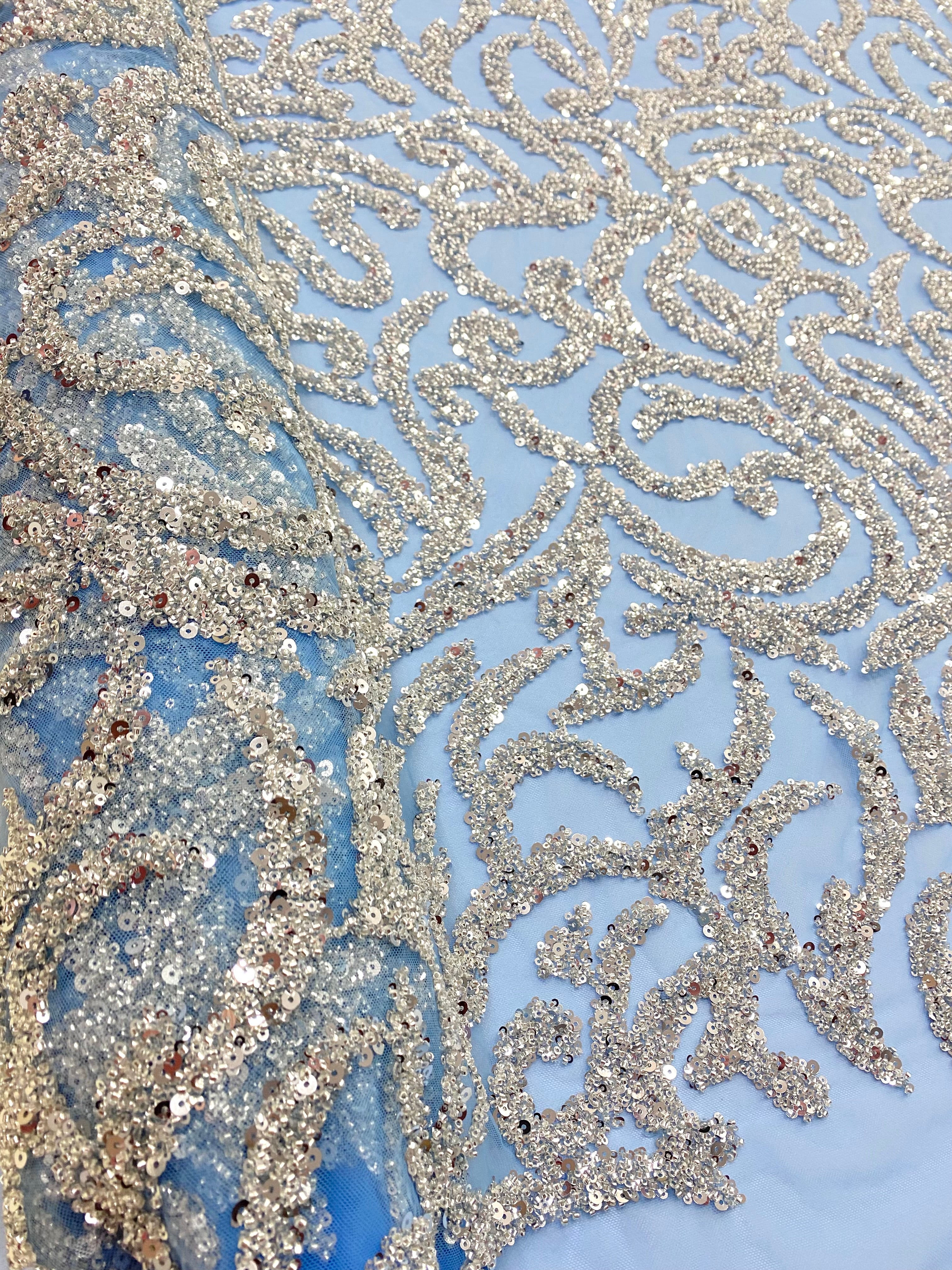 Silver Couture Lace on Blue Tulle, with Symmetrical Pattern, with Beads and Sequins 