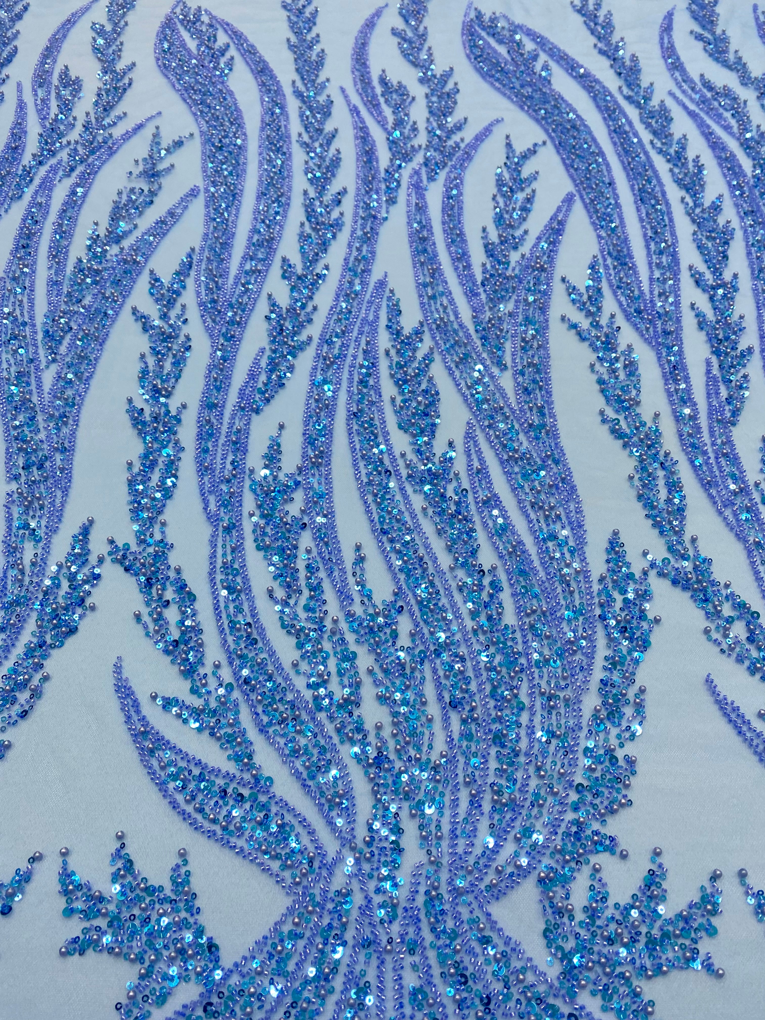 Dantela Couture Sky Blue cu Panou, cu Perle, Margele si Paiete