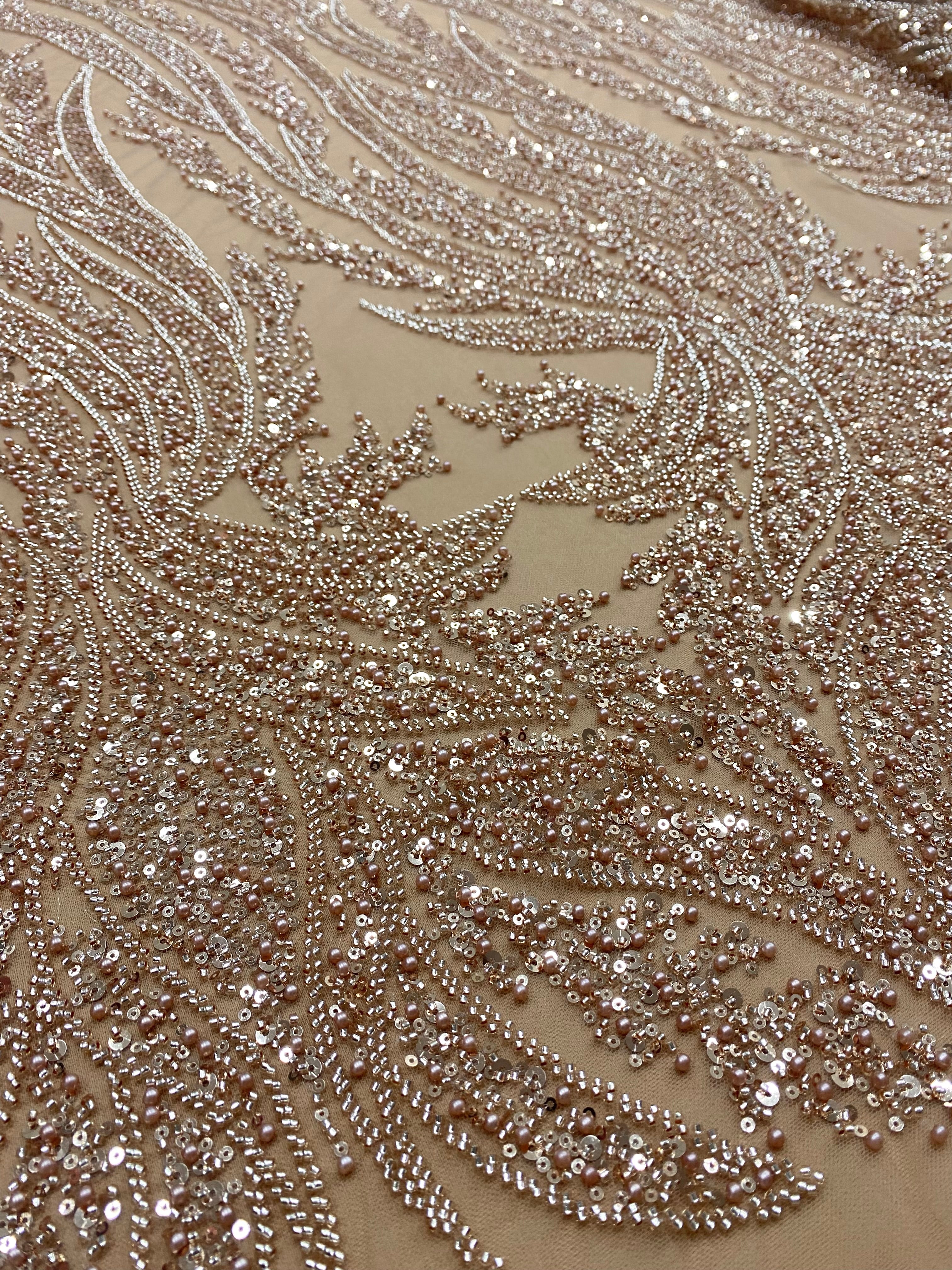 Rose Gold Couture Lace with Panel, Pearls, Beads and Sequins 