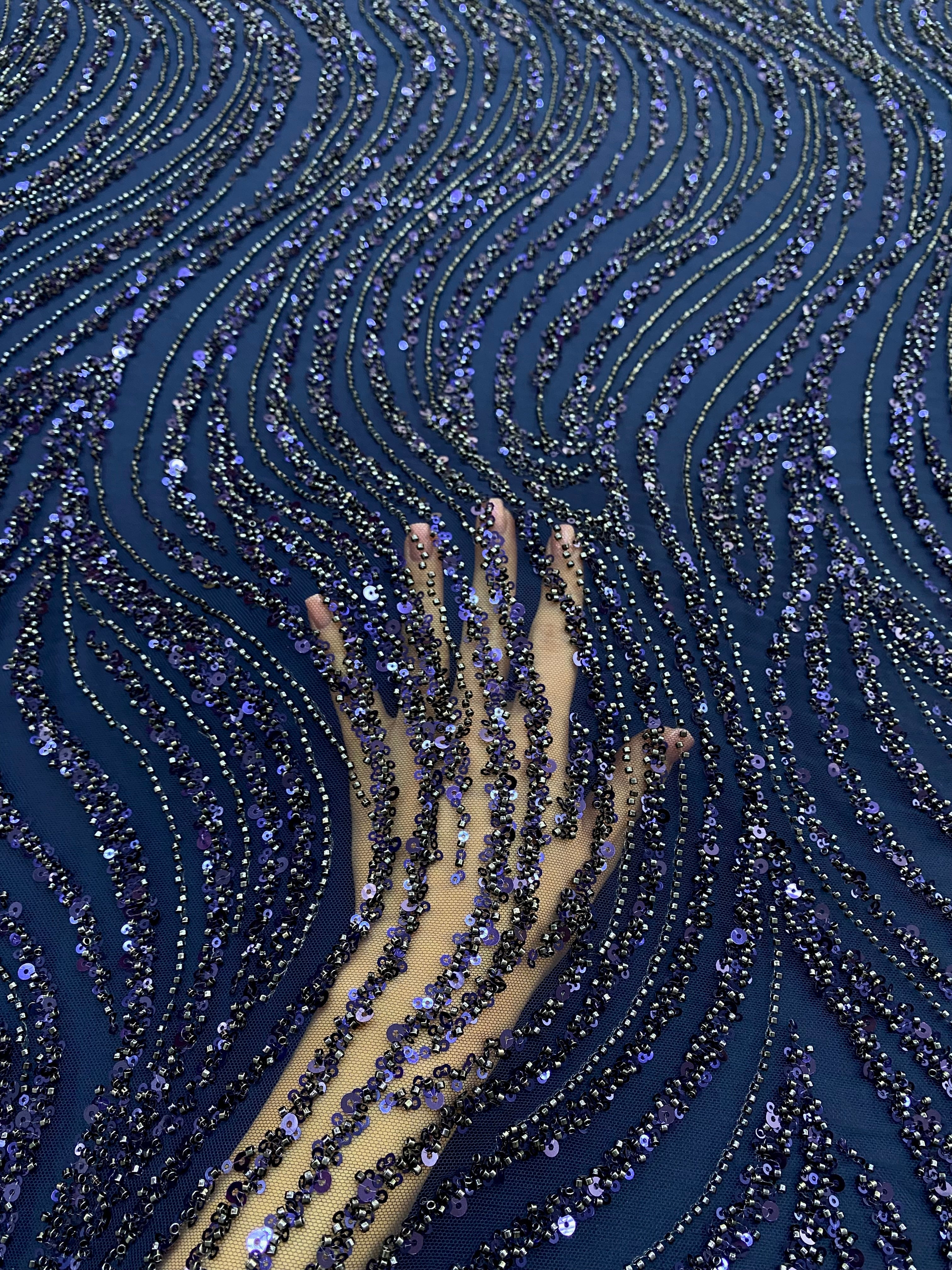 Navy Blue Couture Lace with Linear Pattern, Beads and Sequins