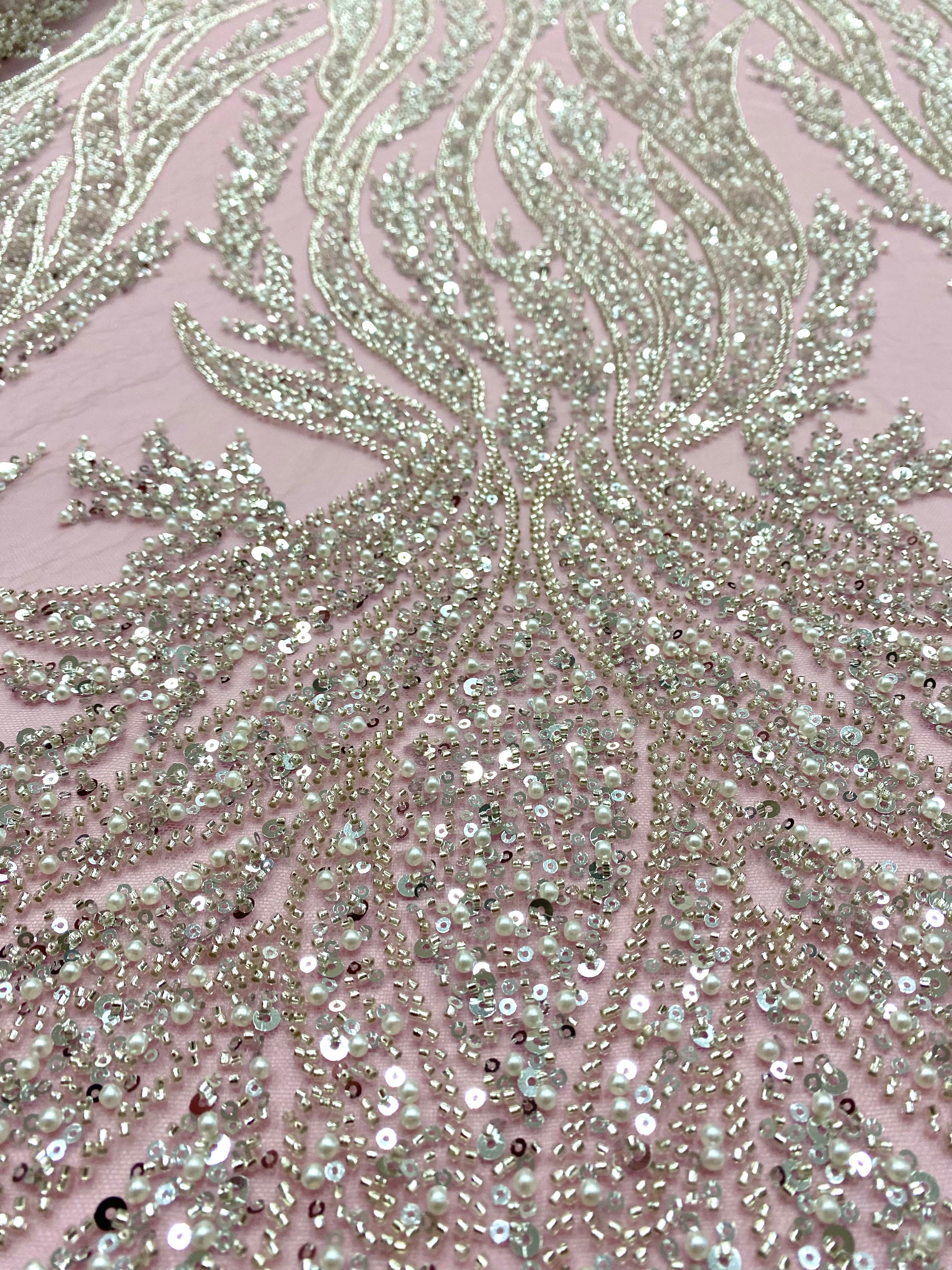 Silver Couture Lace on Blue Tulle, with Symmetrical Pattern, with Beads and Sequins 