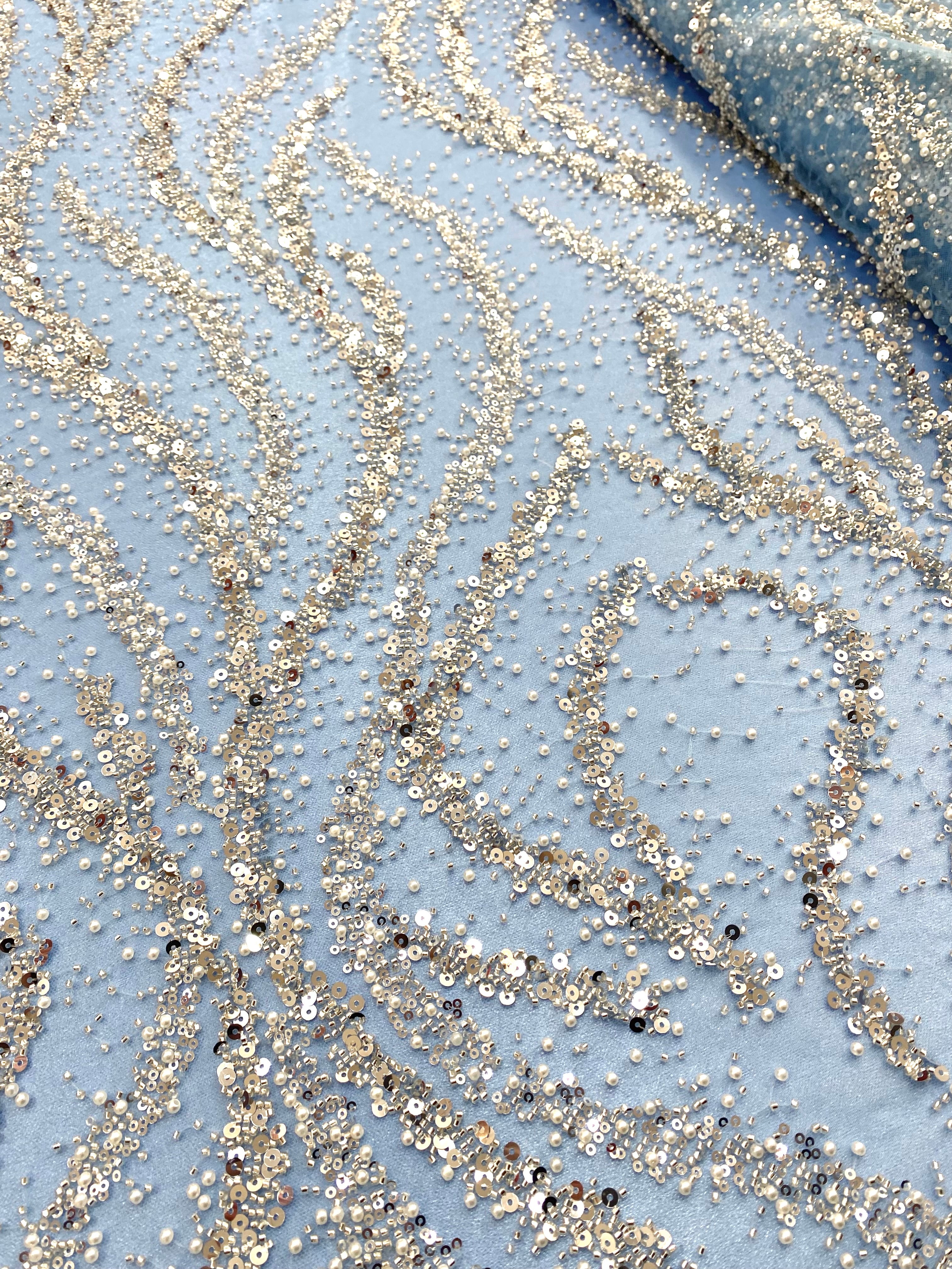 Silver Couture Lace on Blue Tulle with Pearls, Beads and Sequins 