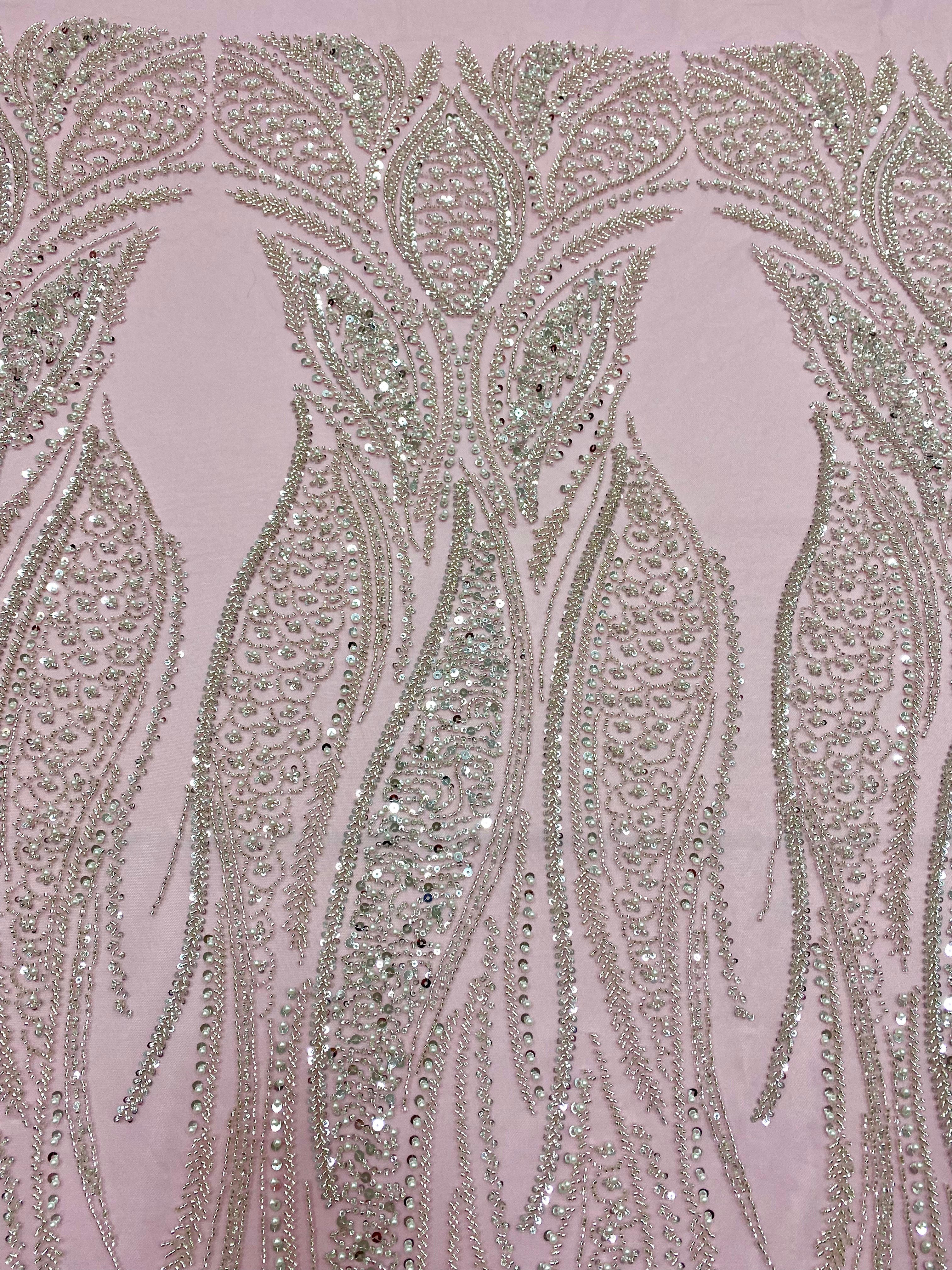 Silver Lace with Linear Pattern, with Pearls and Sequins