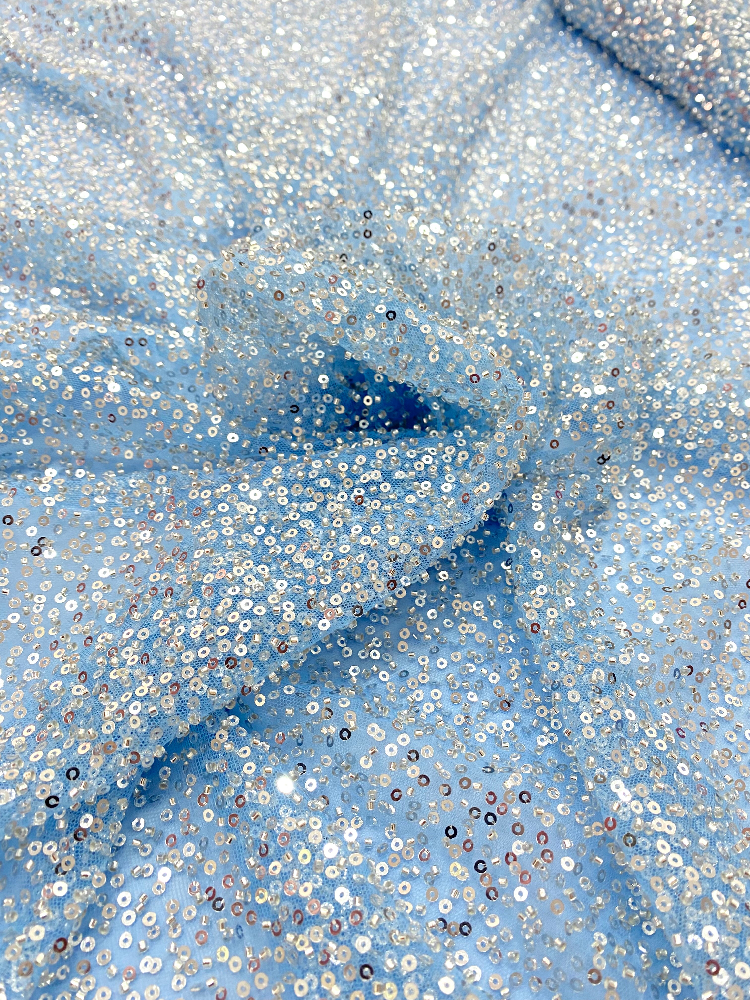 Silver Couture Lace on Blue Tulle, with Symmetrical Pattern, with Beads and Sequins 
