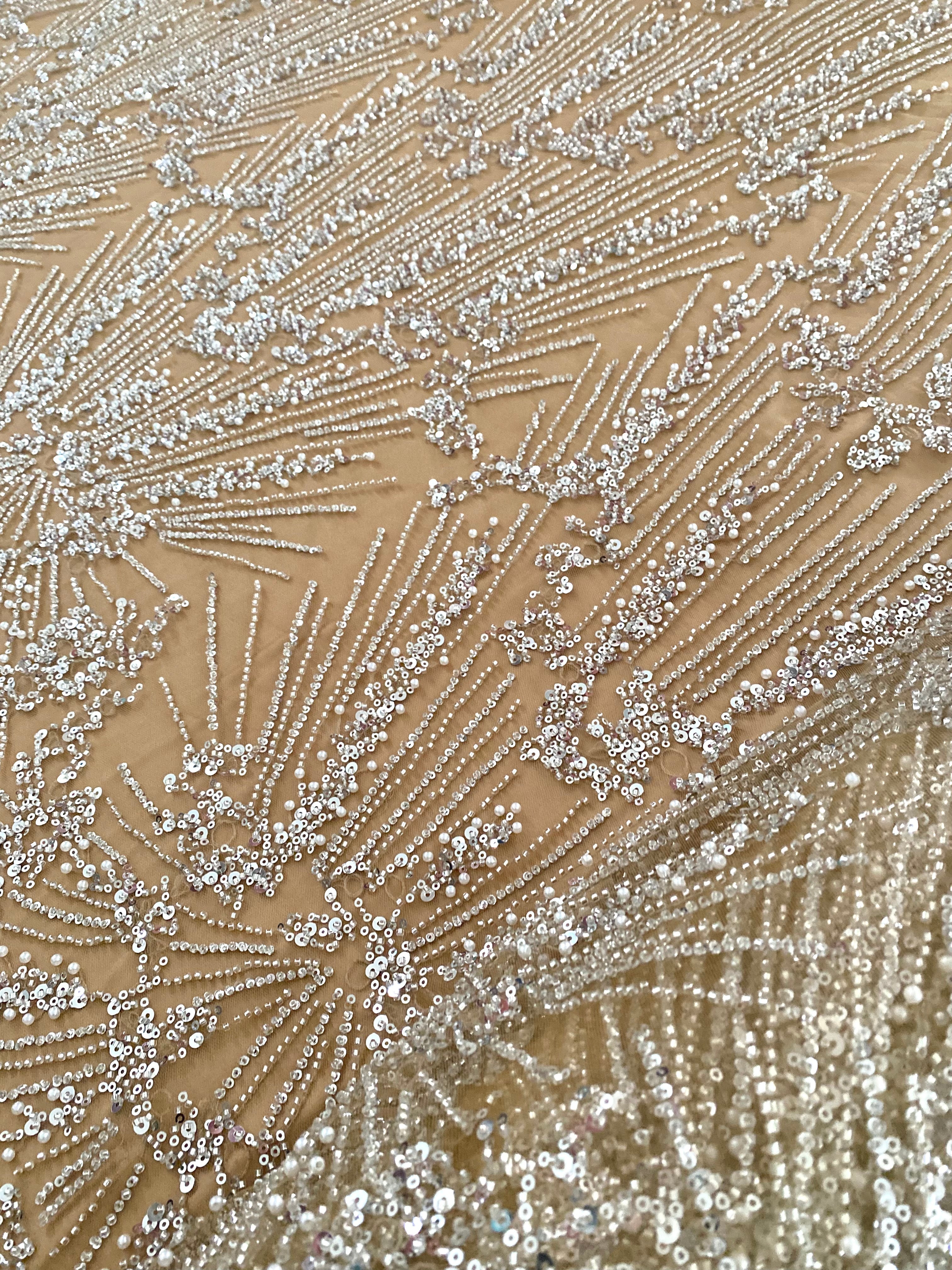 0.9m Voucher of Silver Couture Lace on Champagne Tulle, with Symmetrical Pattern, with Beads and Sequins 