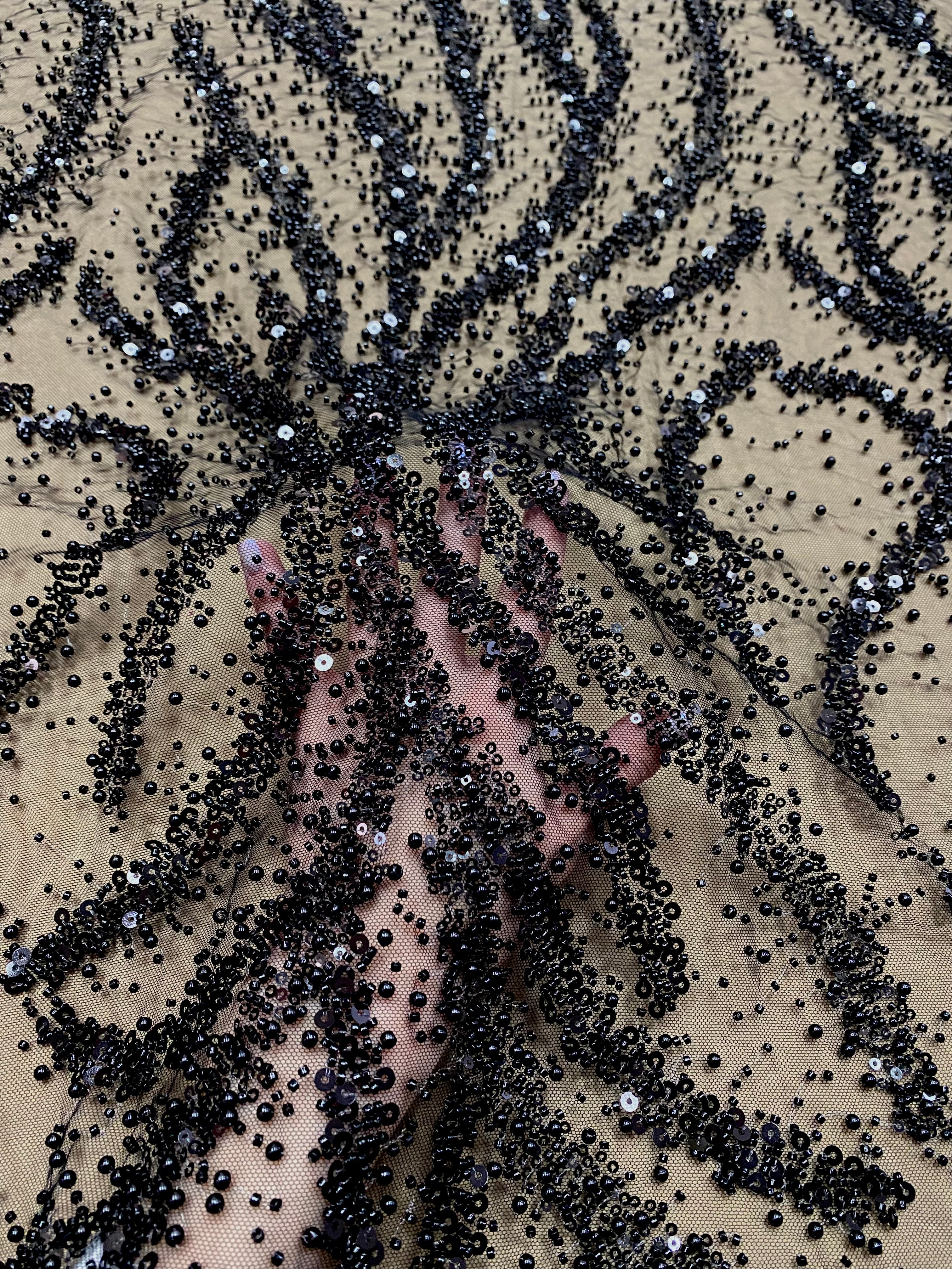 Silver Lace with Nude Tulle with Linear Pattern, Beads and Sequins