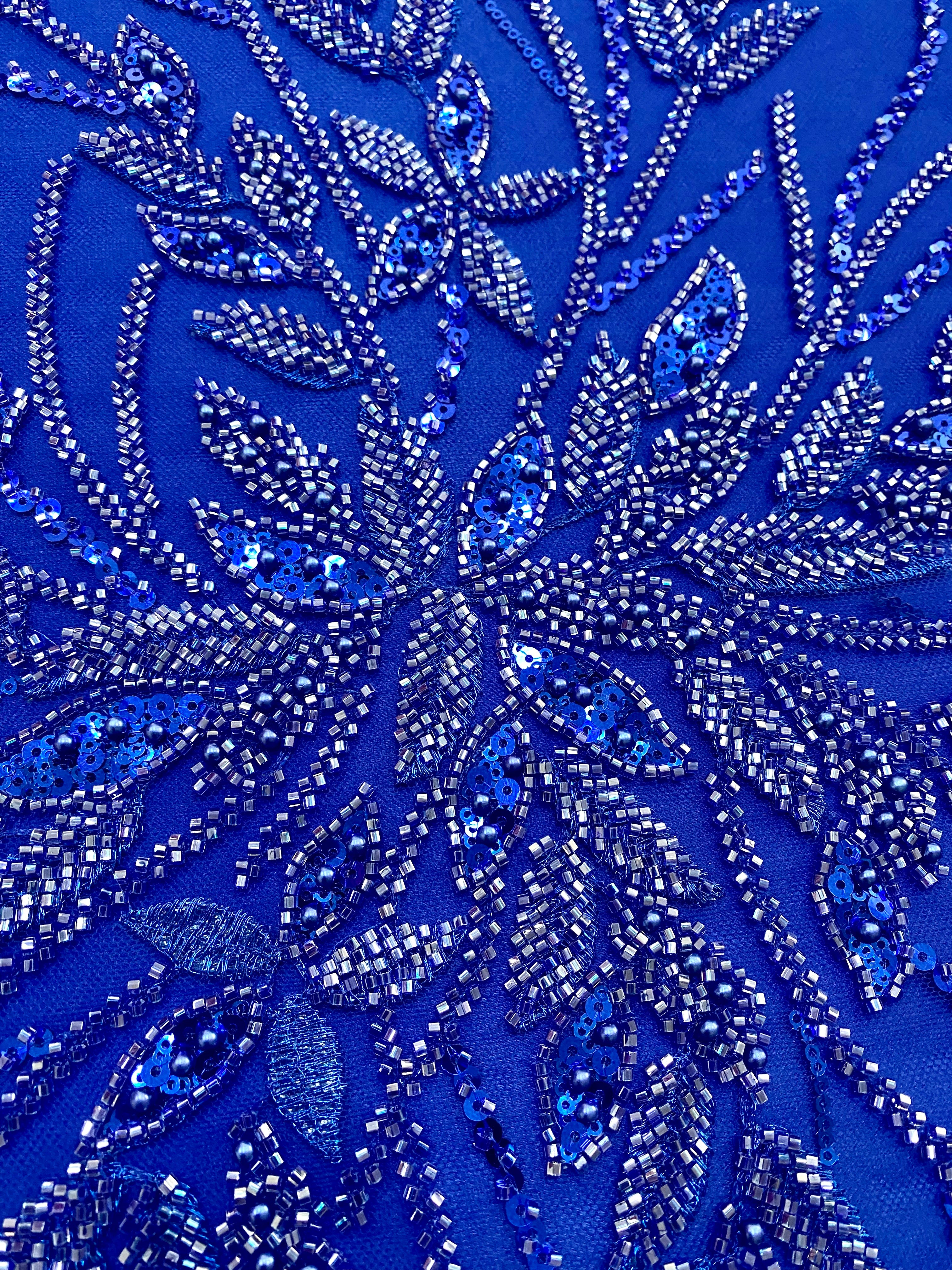 Royal Blue Couture Lace with Floral Pattern, Pearls, Beads and Sequins 