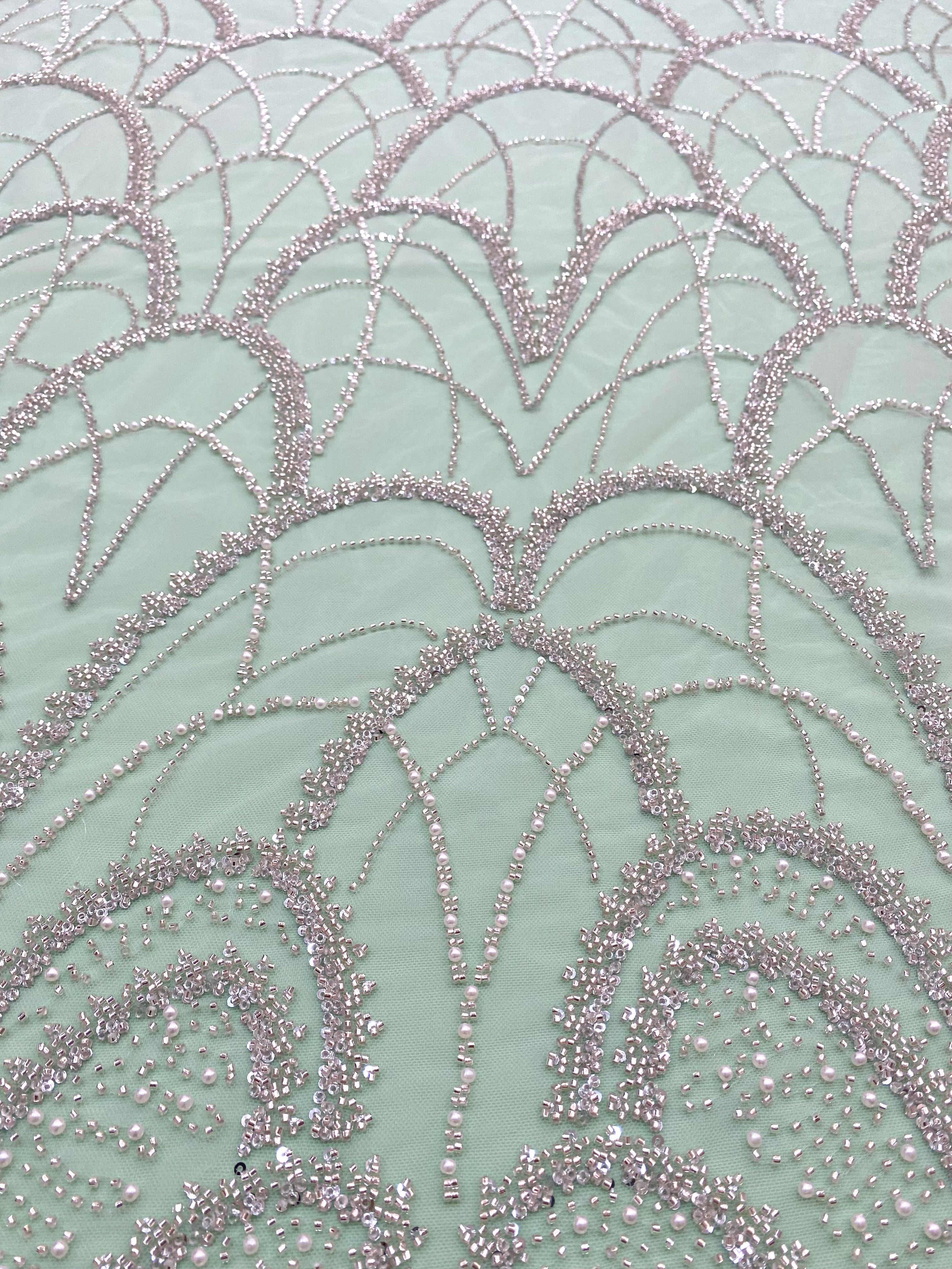 Silver Couture Lace on Mint Green Tulle with Geometric Pattern, with Pearls, Beads and Sequins
