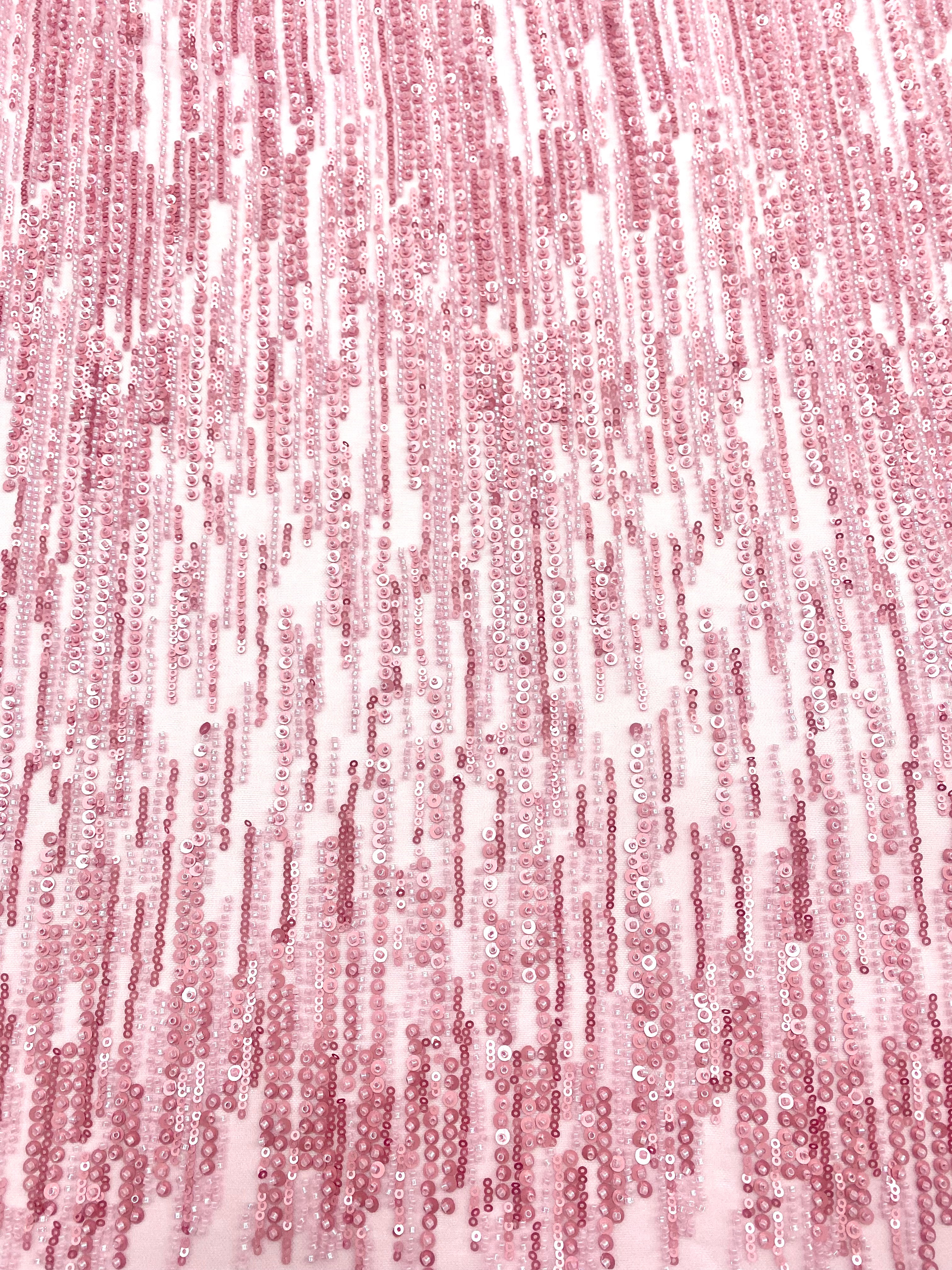Pink Couture Lace with Linear Pattern, with Beads and Sequins 