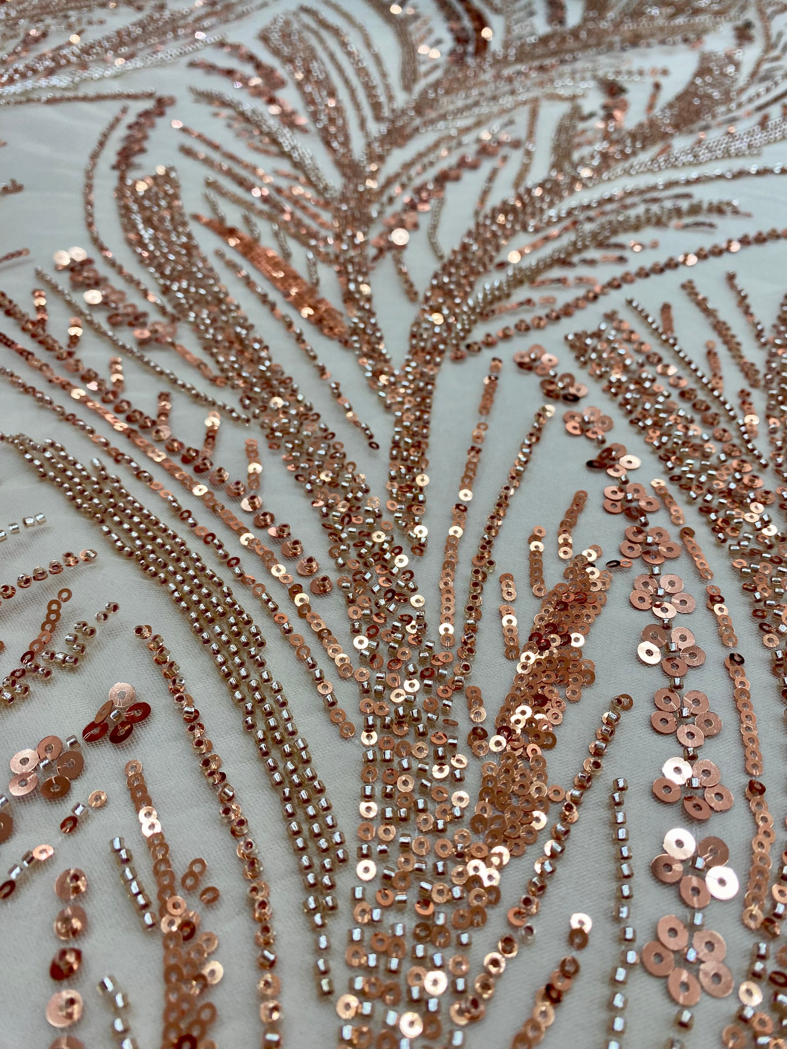 Rose Gold Couture Lace with Linear Pattern, Beads and Sequins