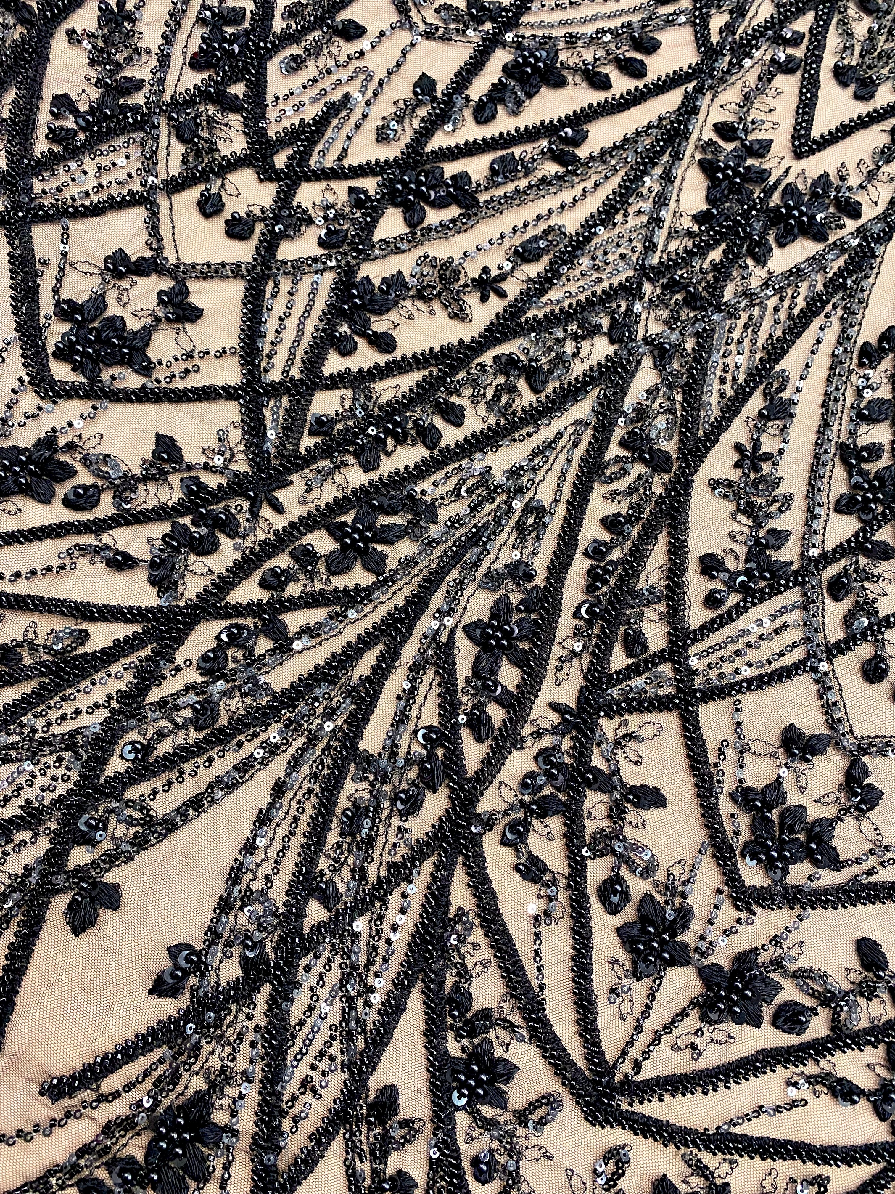 Black Couture Lace with Geometric Pattern, with Pearls, Beads and Sequins