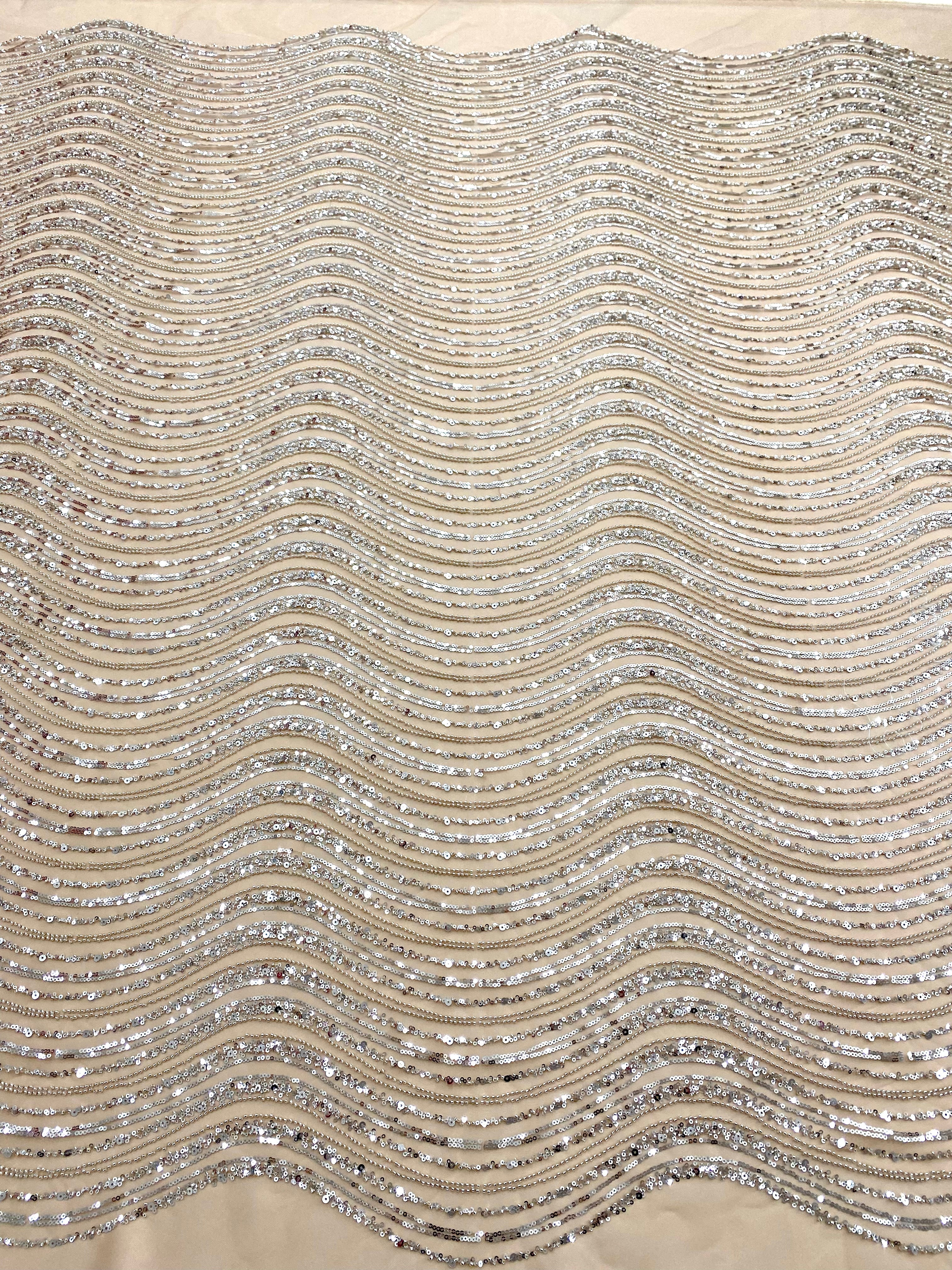 Silver Lace with Geometric Pattern, with Beads and Sequins