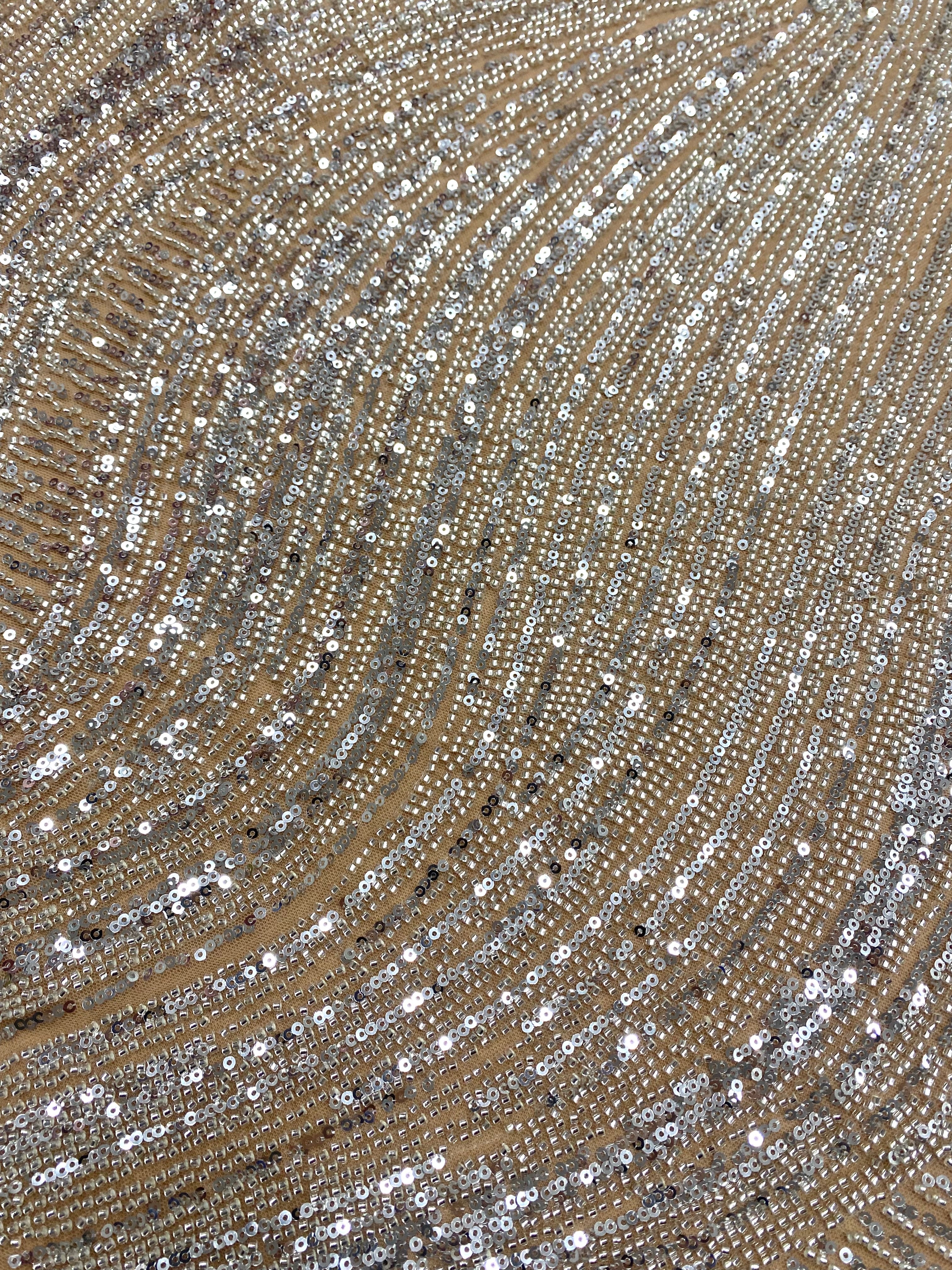 Silver Couture Lace on Nude Tulle with Geometric Pattern, Beads and Sequins