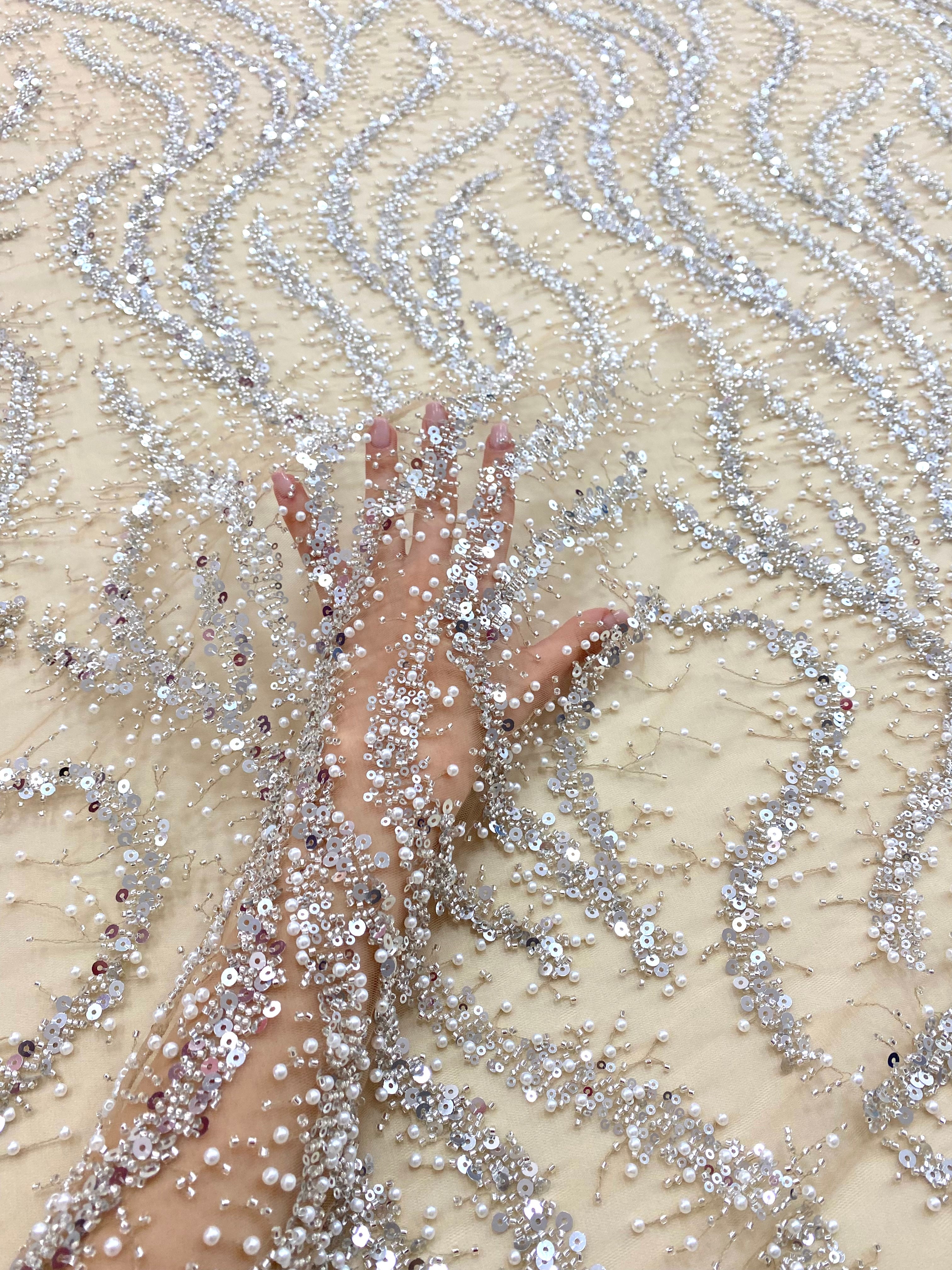 Silver Lace with Nude Tulle with Linear Pattern, Beads and Sequins