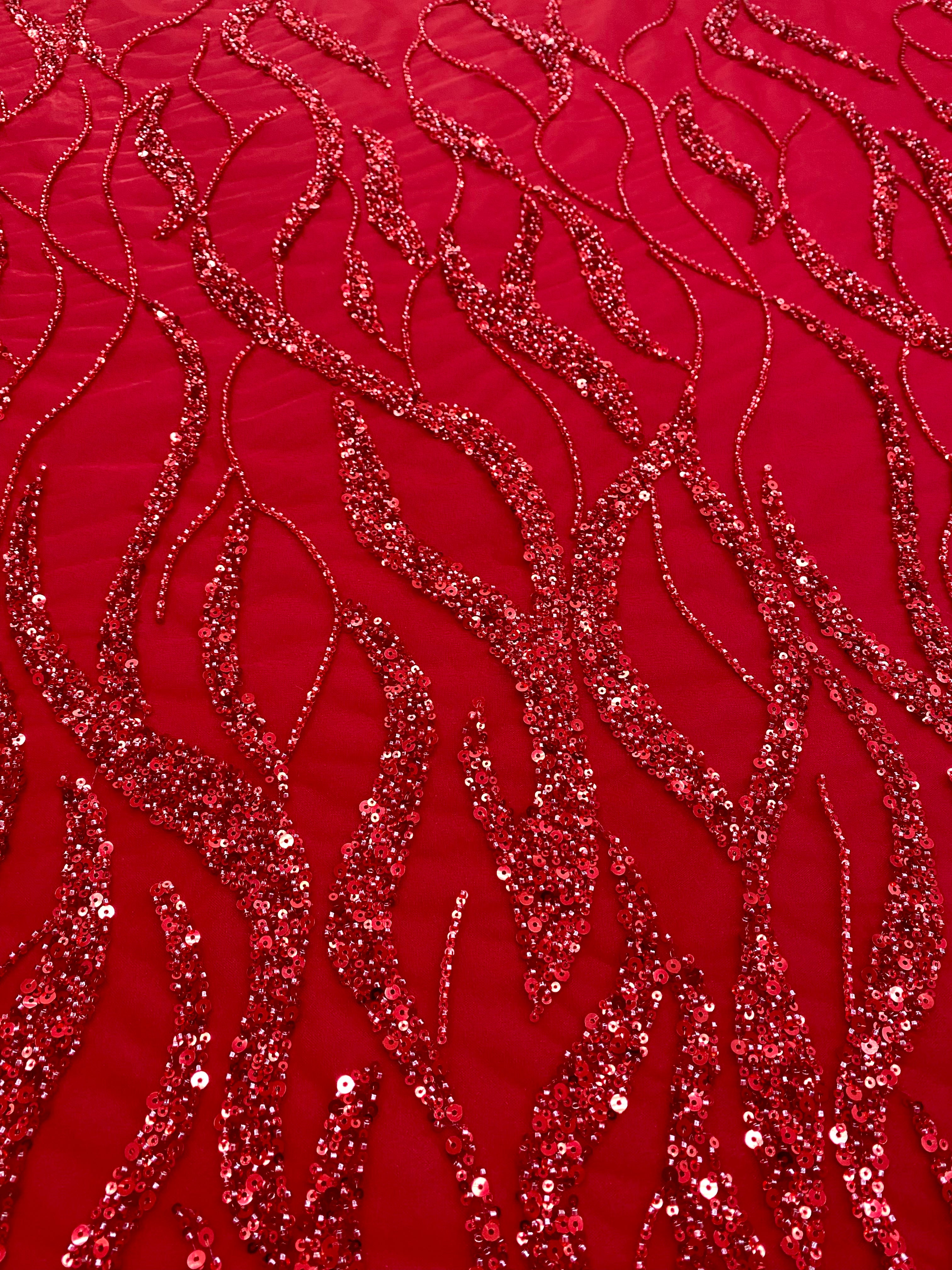 Red Couture Lace with Beads, Beads and Sequins