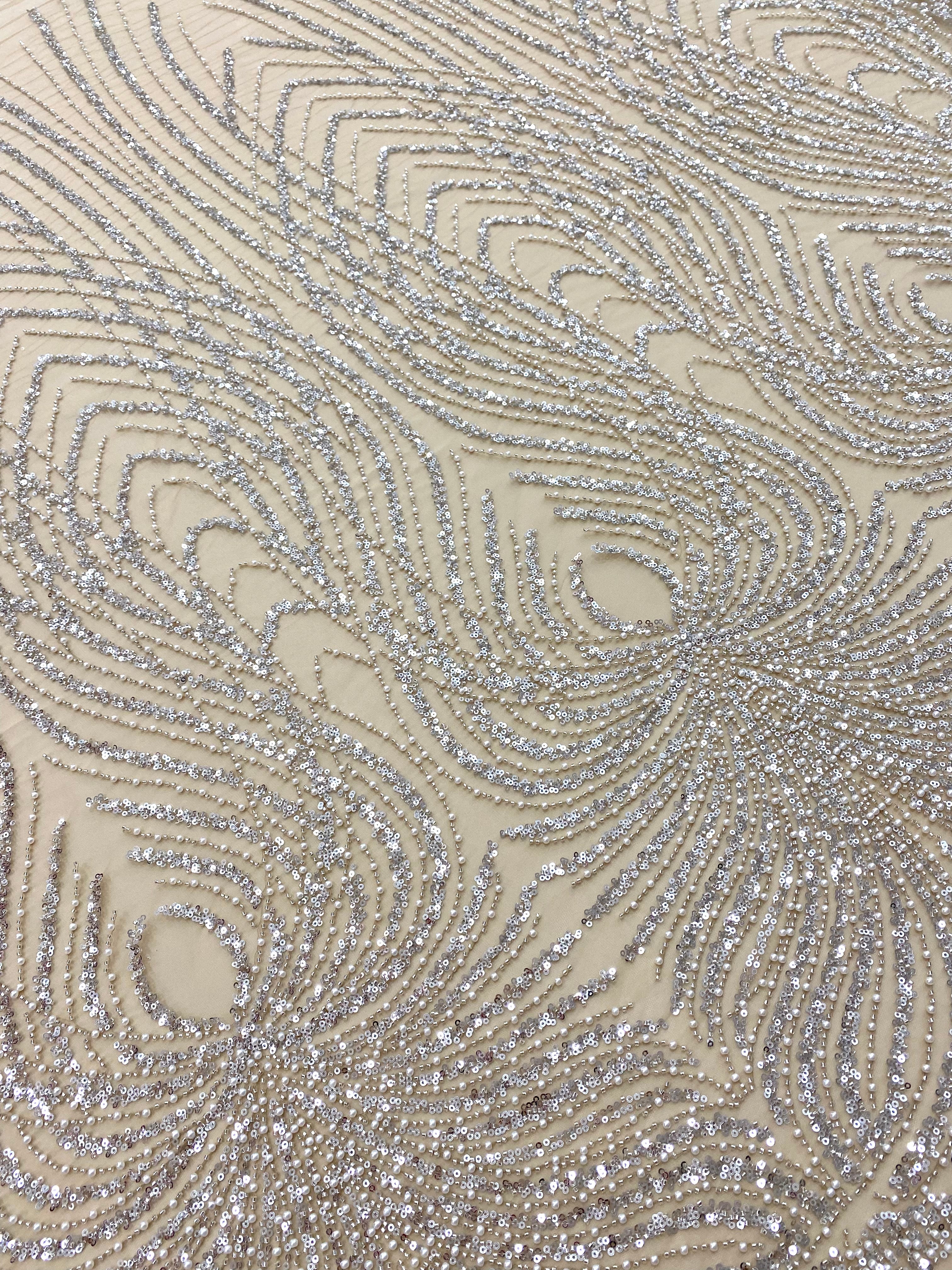Silver Couture Lace on Nude Tulle with Panel, with Pearls, Beads and Sequins